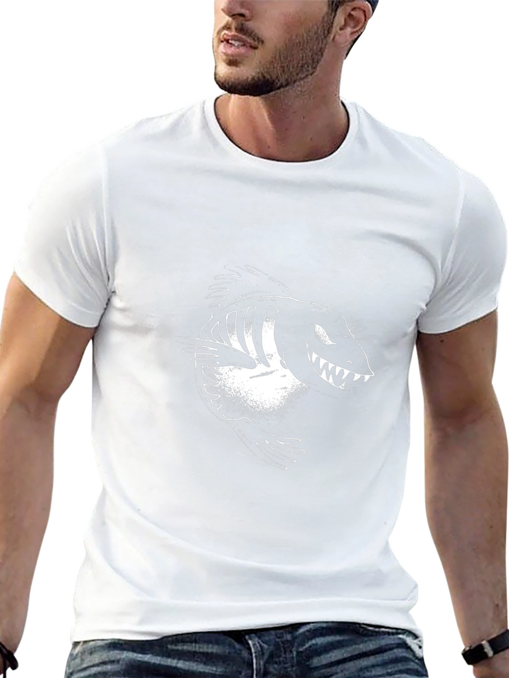 Mens Black Graphic Tee - Cartoon Fish Skeleton