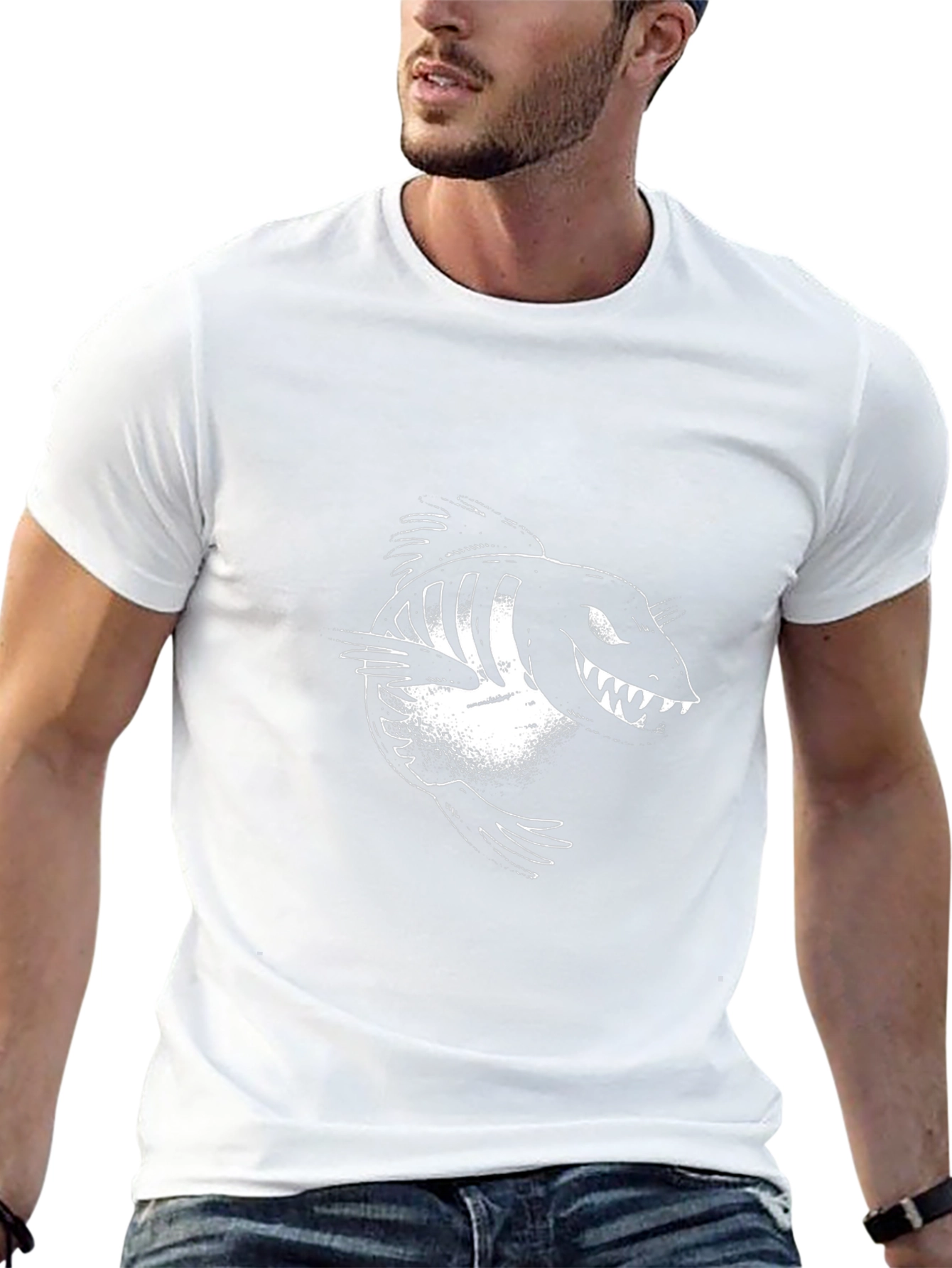 Mens Black Graphic Tee - Cartoon Fish Skeleton
