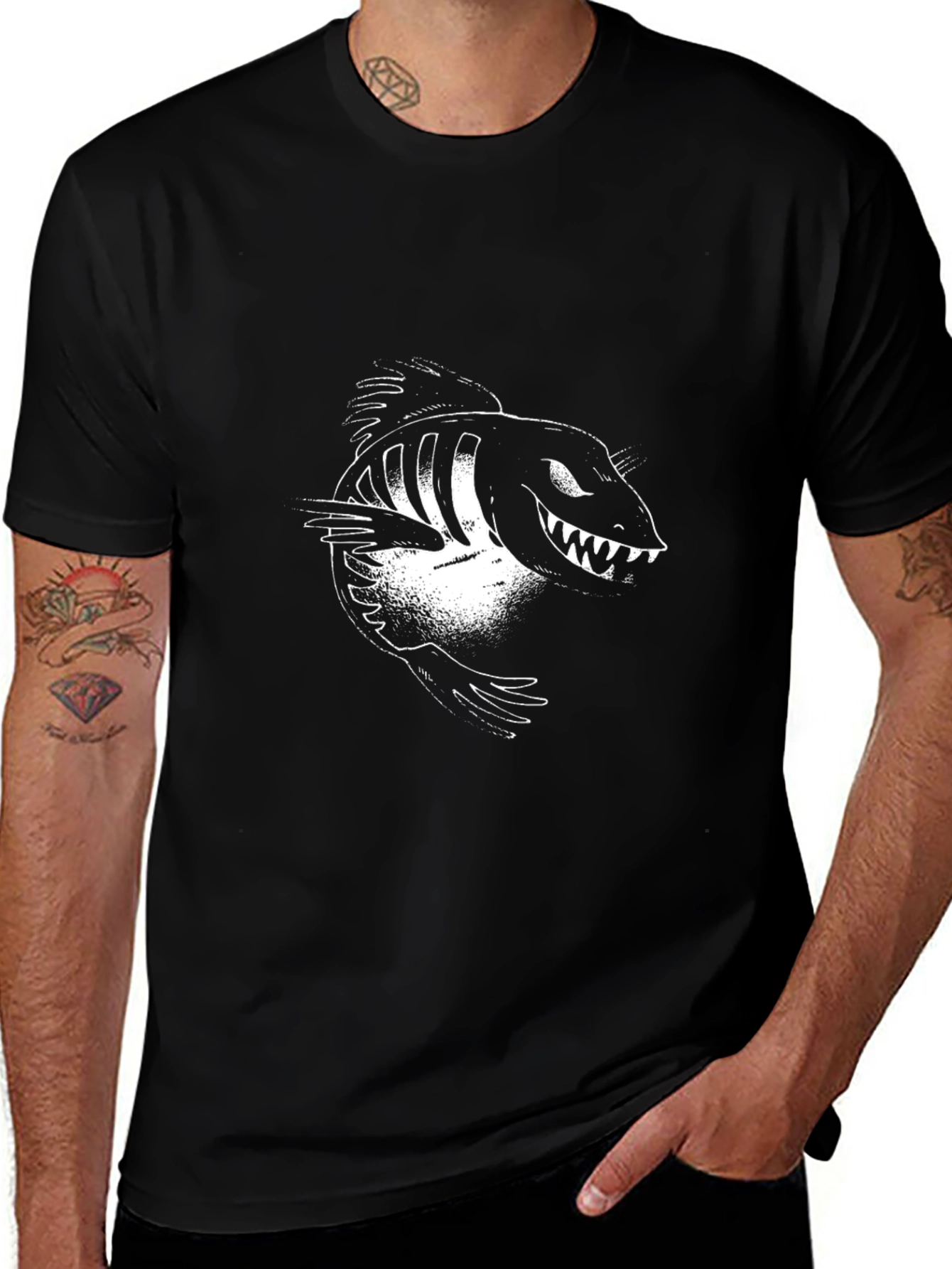 Mens Black Graphic Tee - Cartoon Fish Skeleton