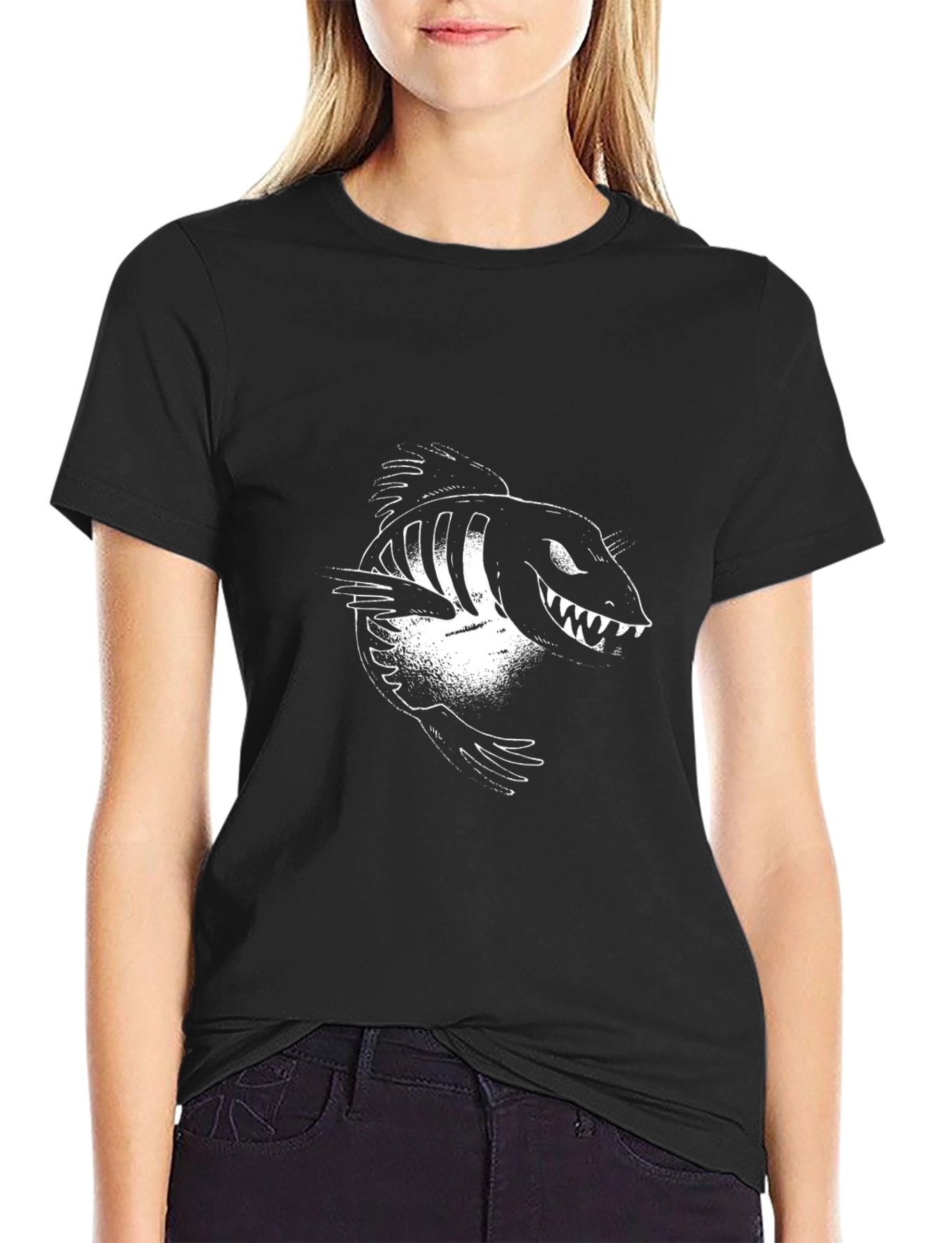 Mens Black Graphic Tee - Cartoon Fish Skeleton
