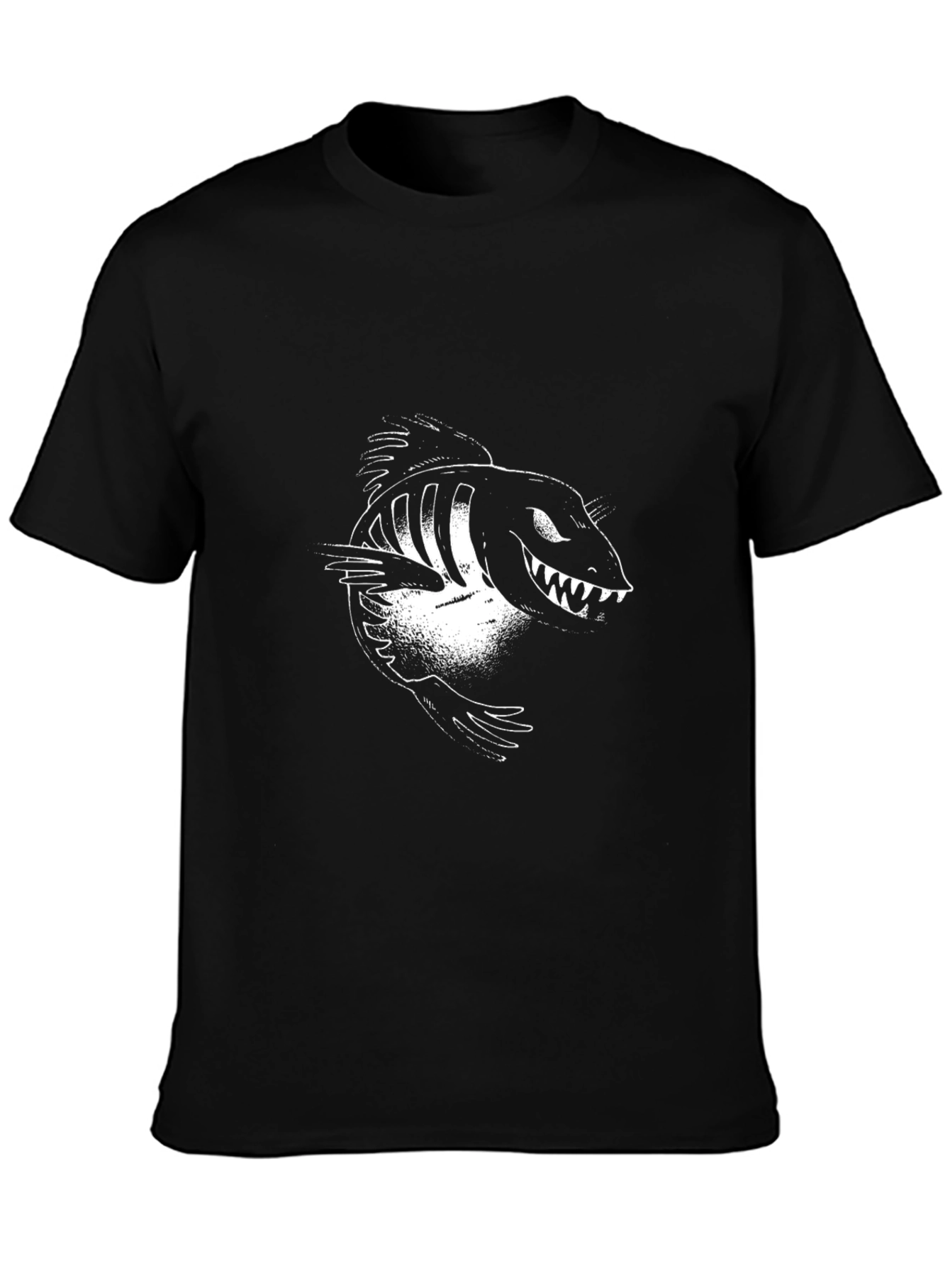 Mens Black Graphic Tee - Cartoon Fish Skeleton