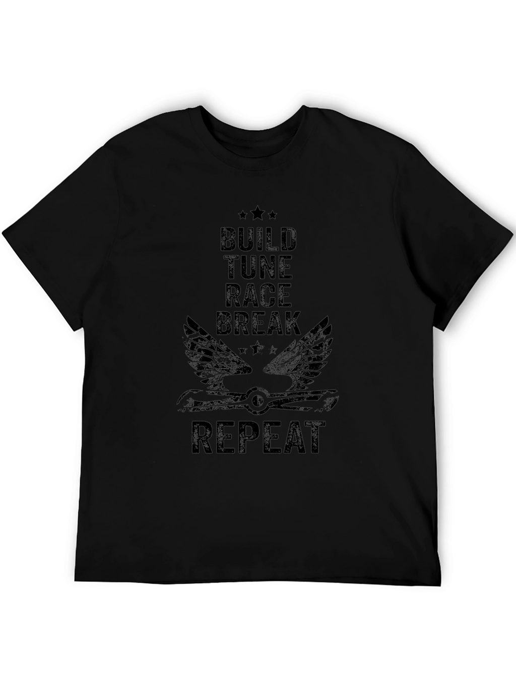Build Tune Race Repeat Mens Black Graphic T-Shirt