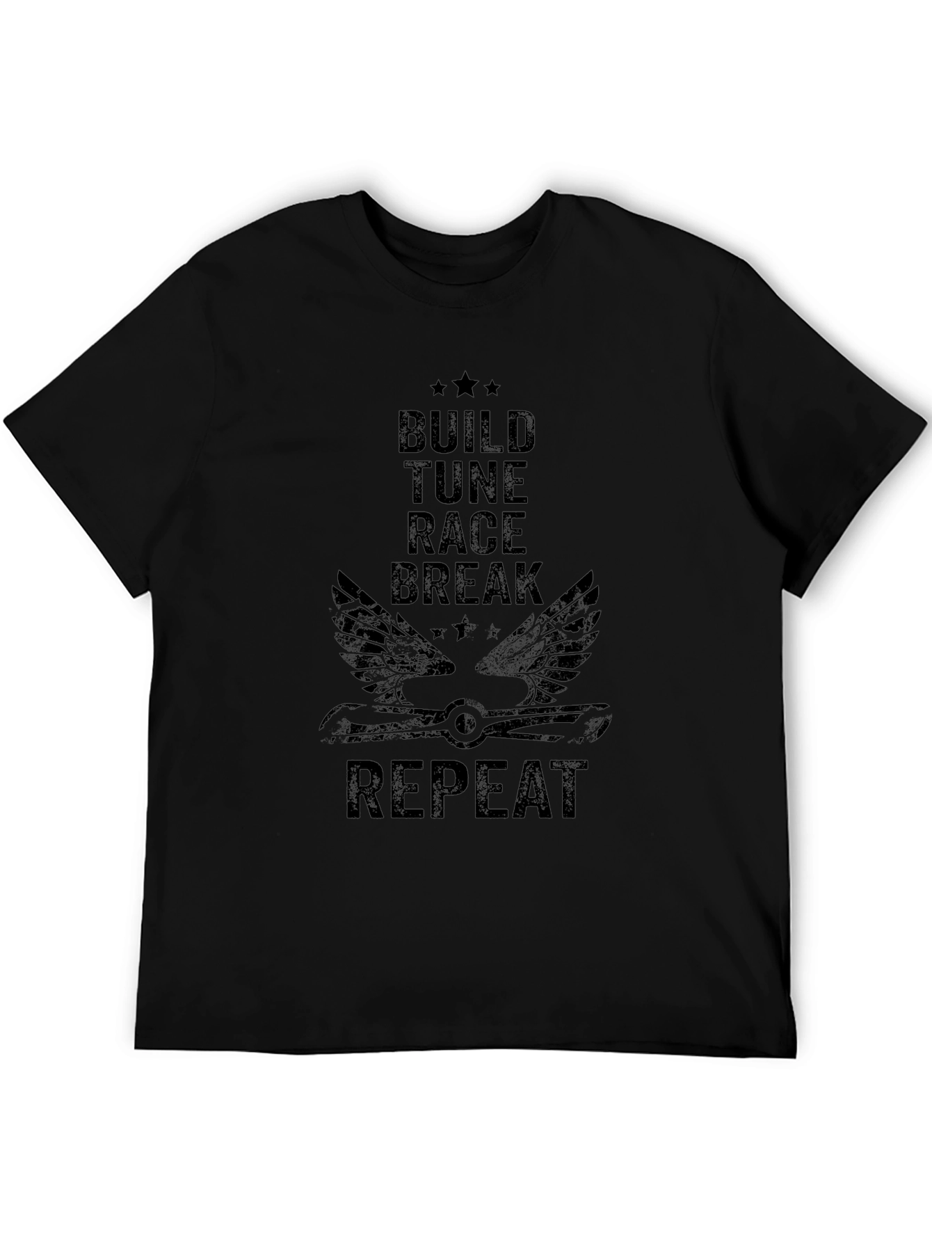 Build Tune Race Repeat Mens Black Graphic T-Shirt