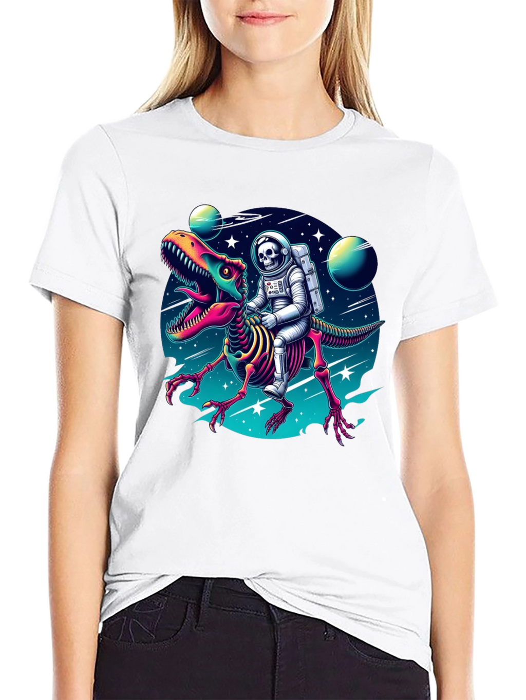 Astronaut Skeleton Riding Dinosaur Graphic Tee