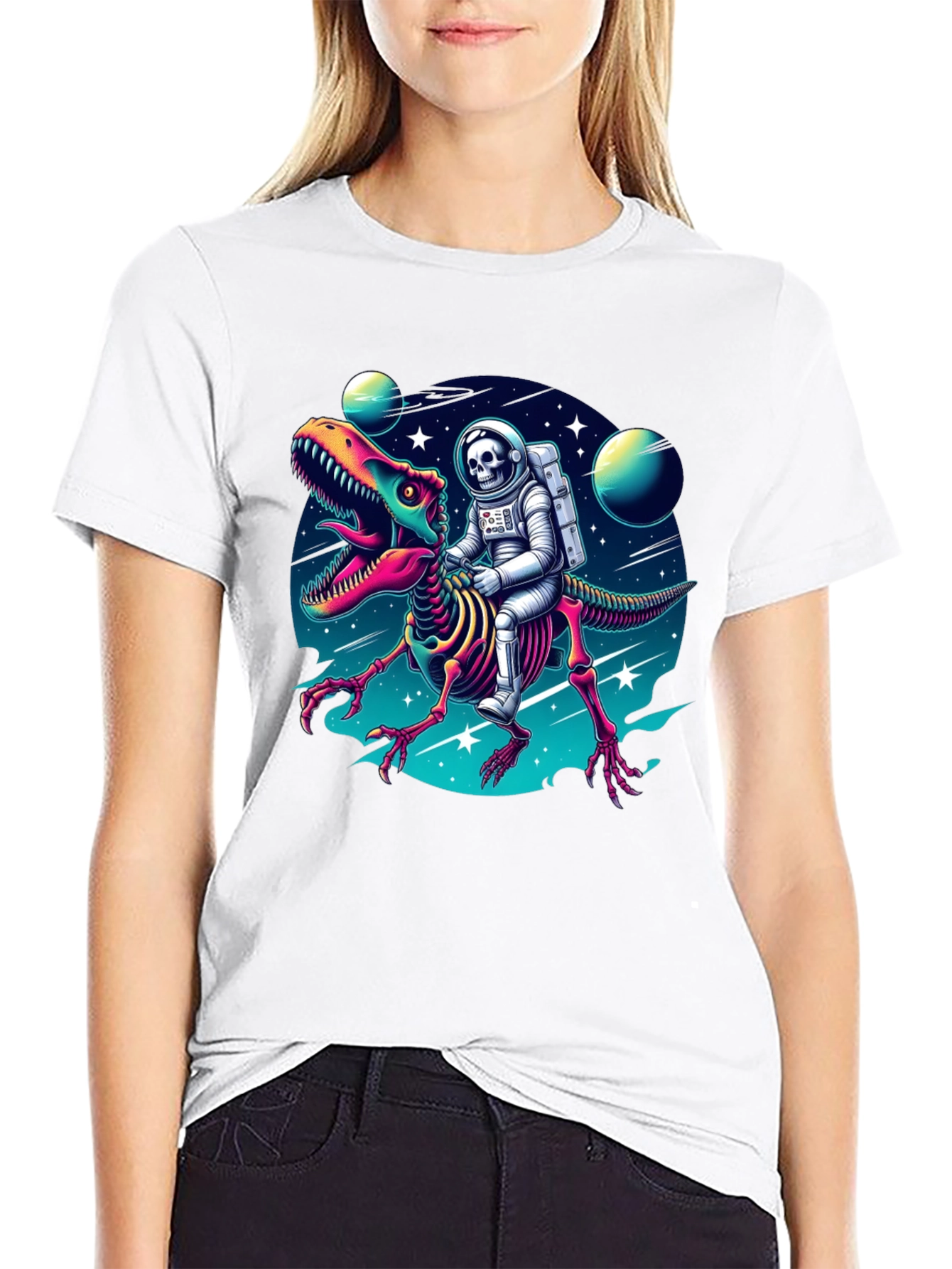 Astronaut Skeleton Riding Dinosaur Graphic Tee