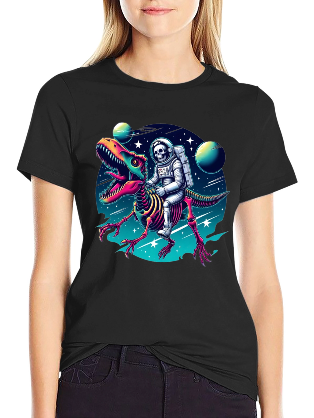 Astronaut Skeleton Riding Dinosaur Graphic Tee