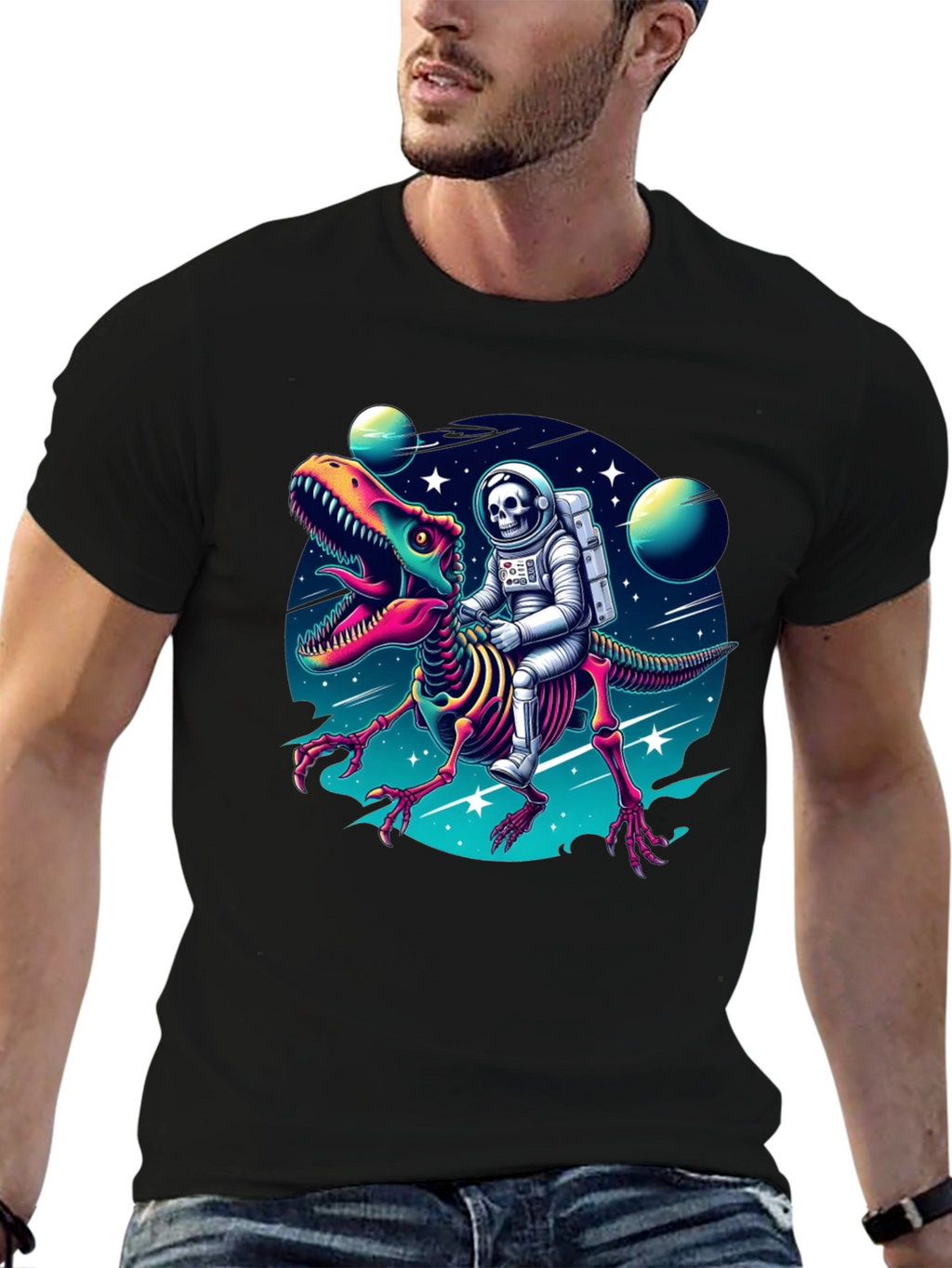 Astronaut Skeleton Riding Dinosaur Graphic Tee