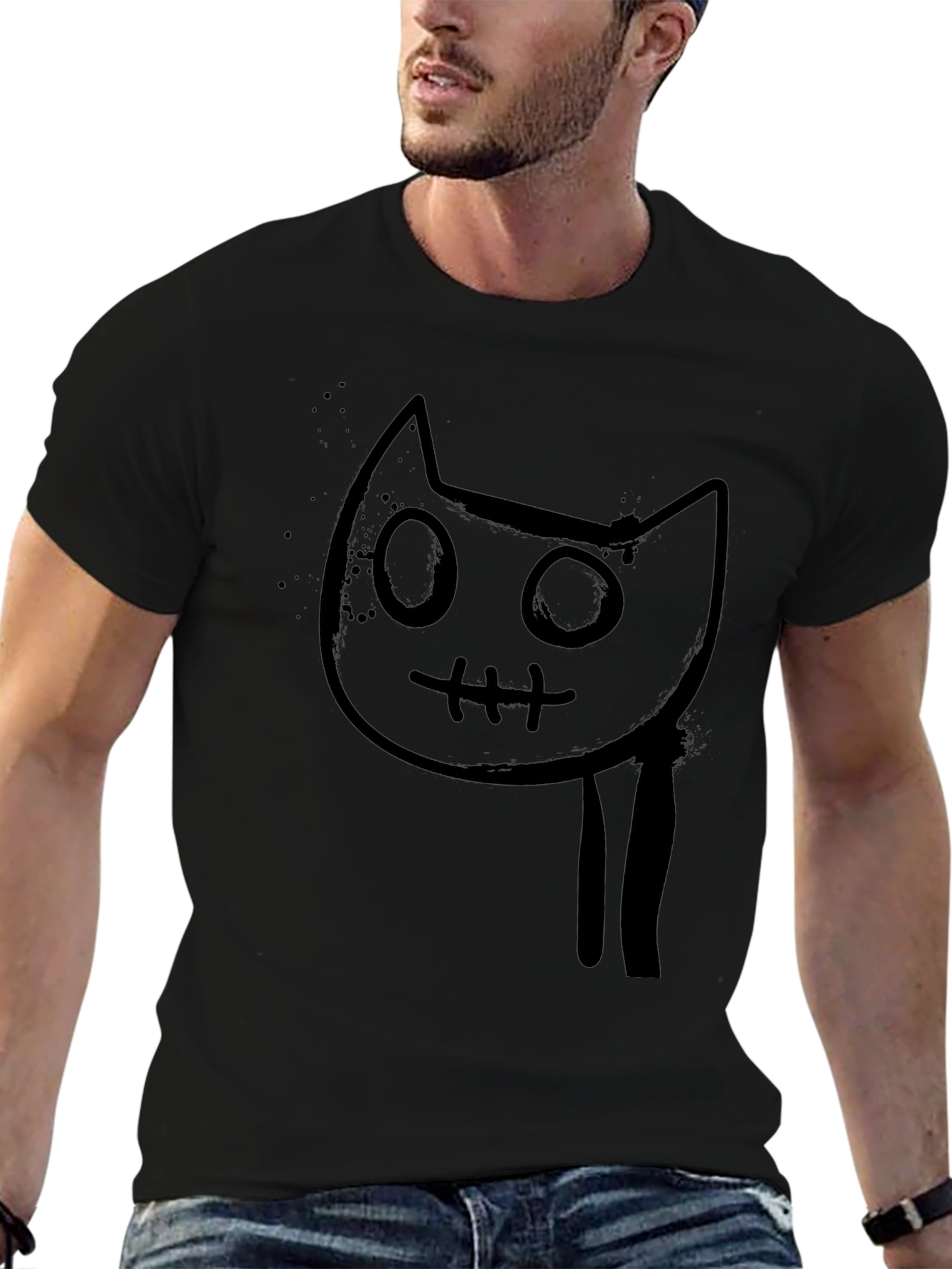 Mens Black Graphic Tee - Creepy Cat