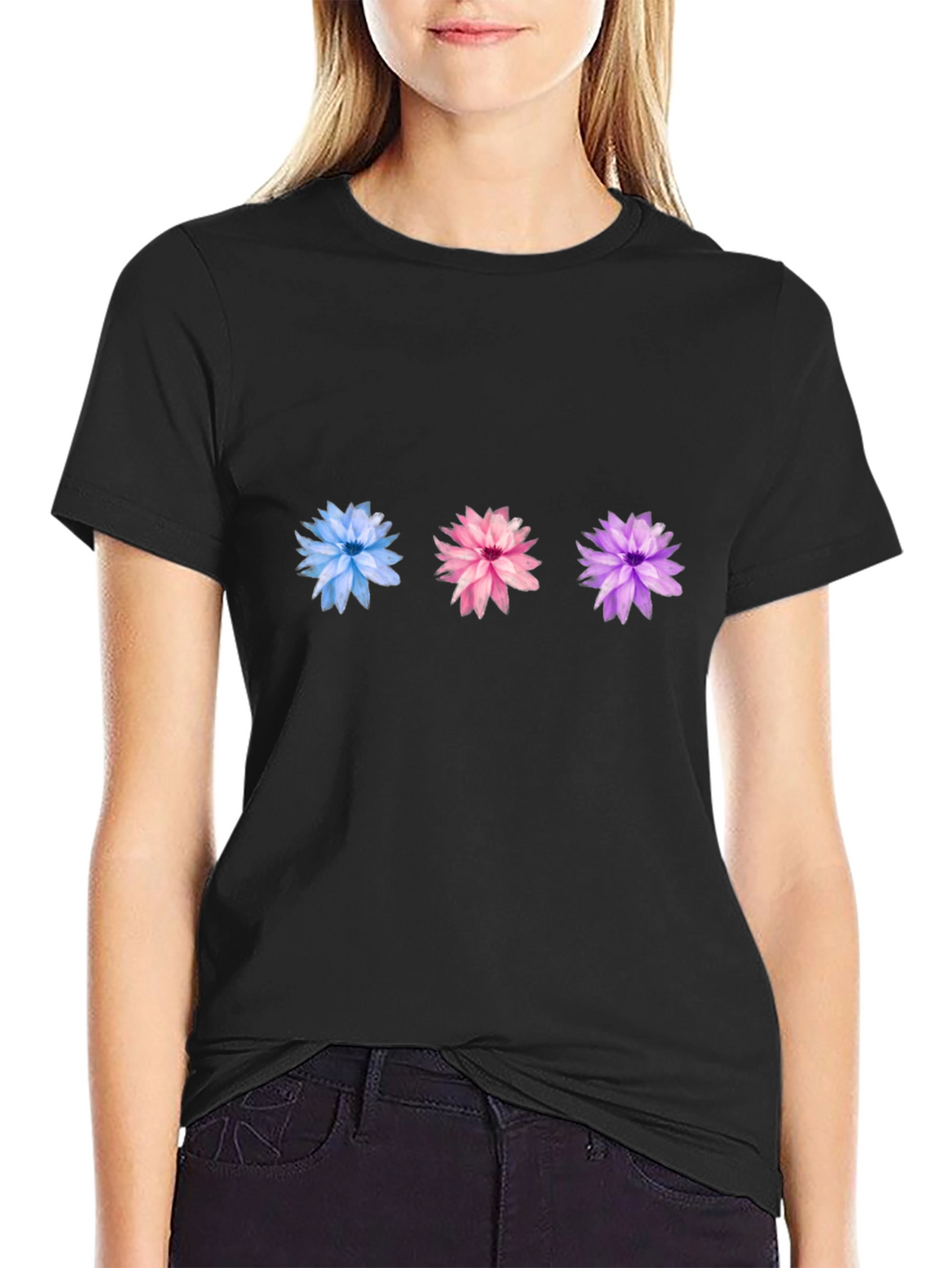 Floral Trio Black Tee - Stylish Casual Wear