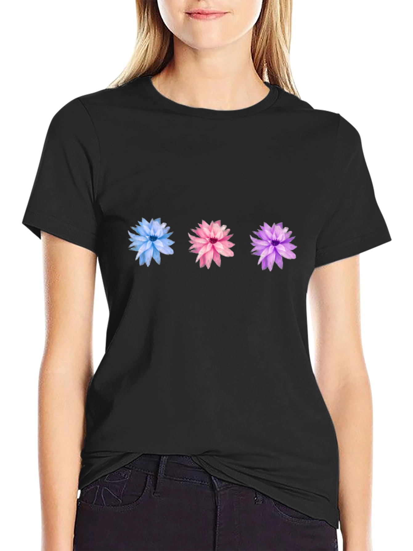 Floral Trio Black Tee - Stylish Casual Wear