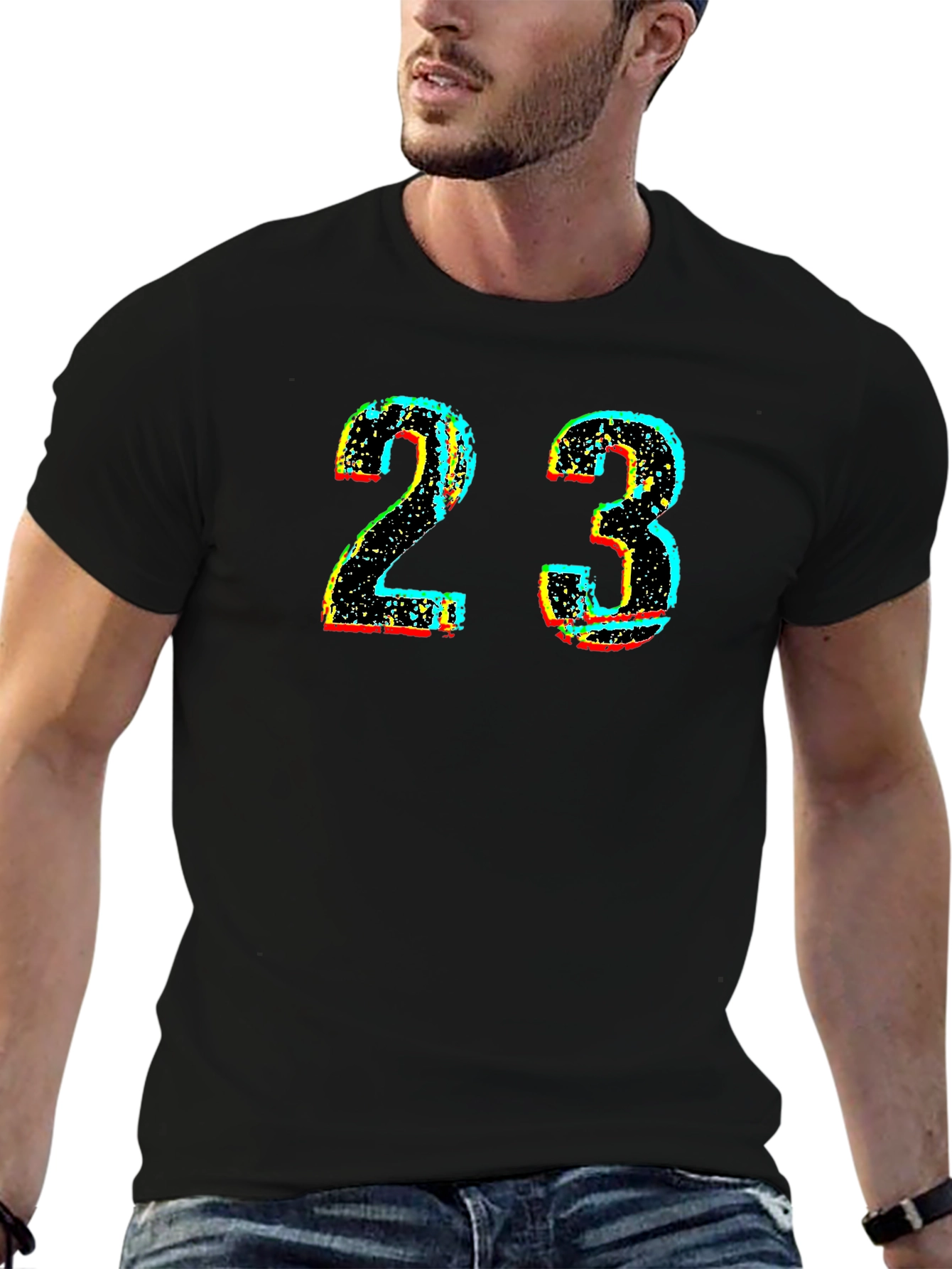 Mens Black T-Shirt with Distressed Number 23 Graphic