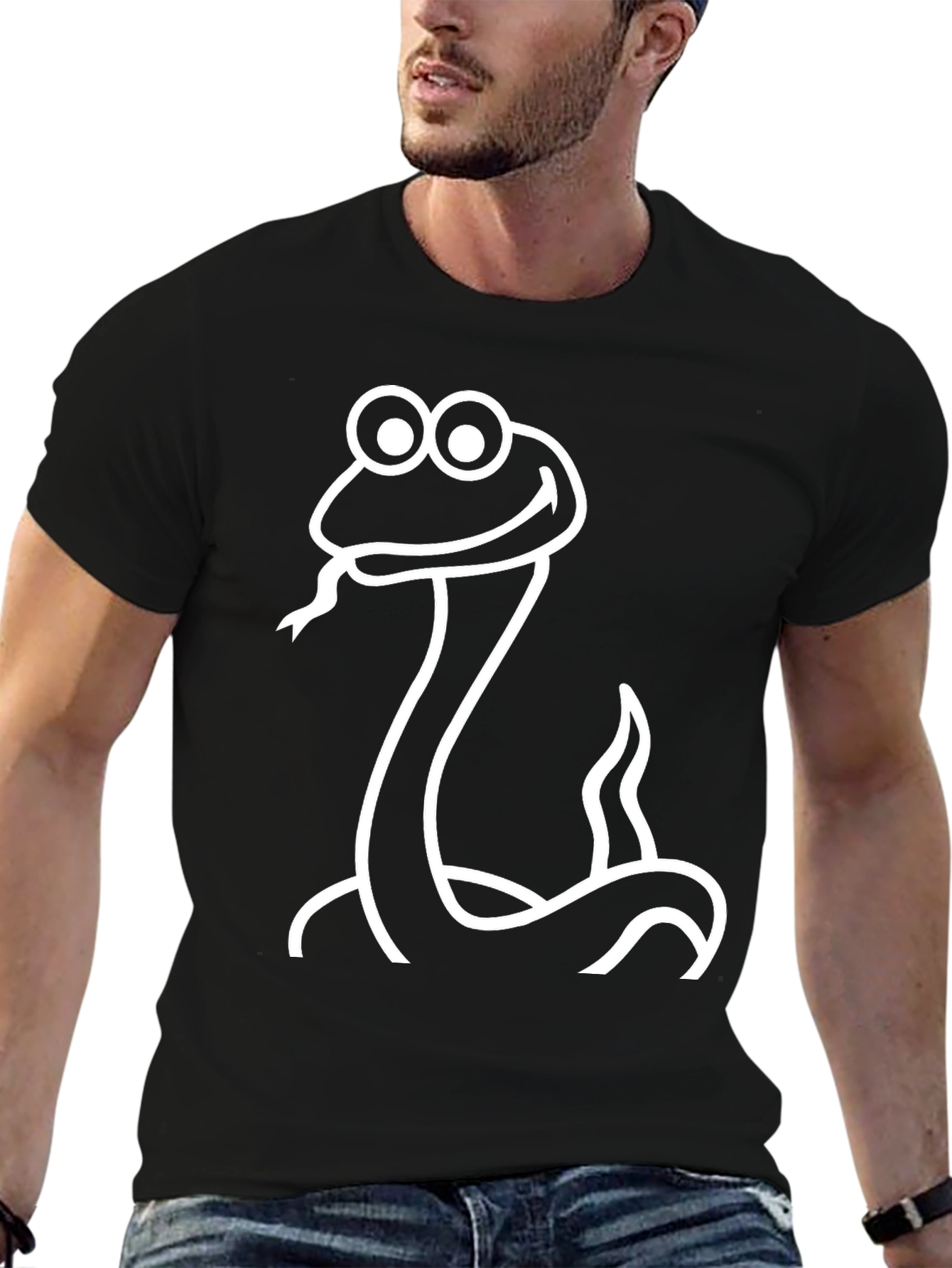 Cartoon Snake Graphic Tee - Black Cotton