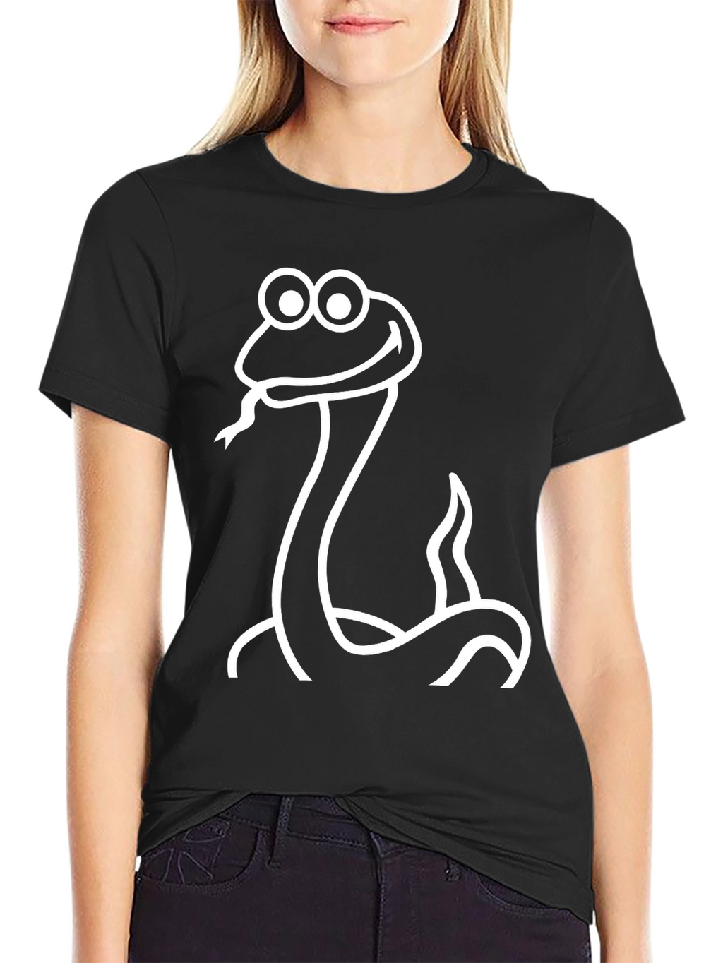 Cartoon Snake Graphic Tee - Black Cotton
