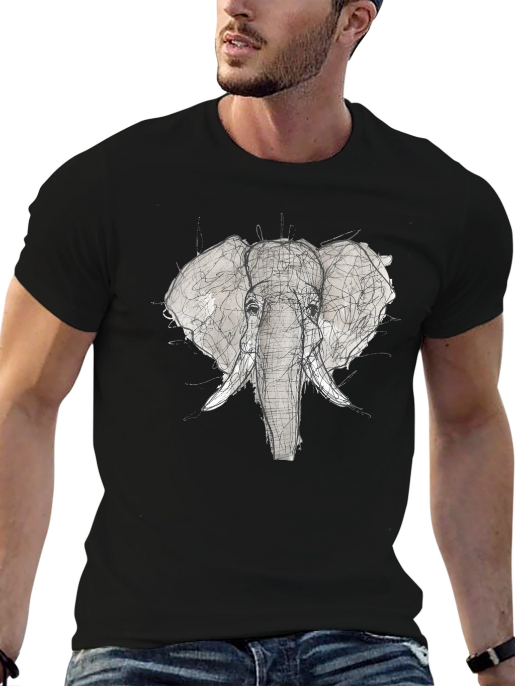 Elephant Sketch Graphic Tee - Black Cotton T-Shirt