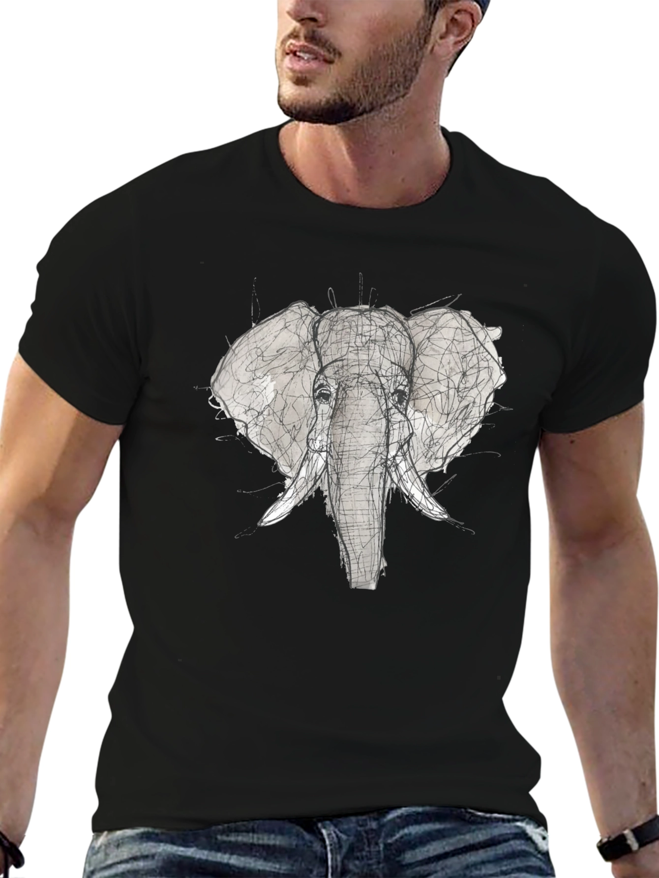 Elephant Sketch Graphic Tee - Black Cotton T-Shirt