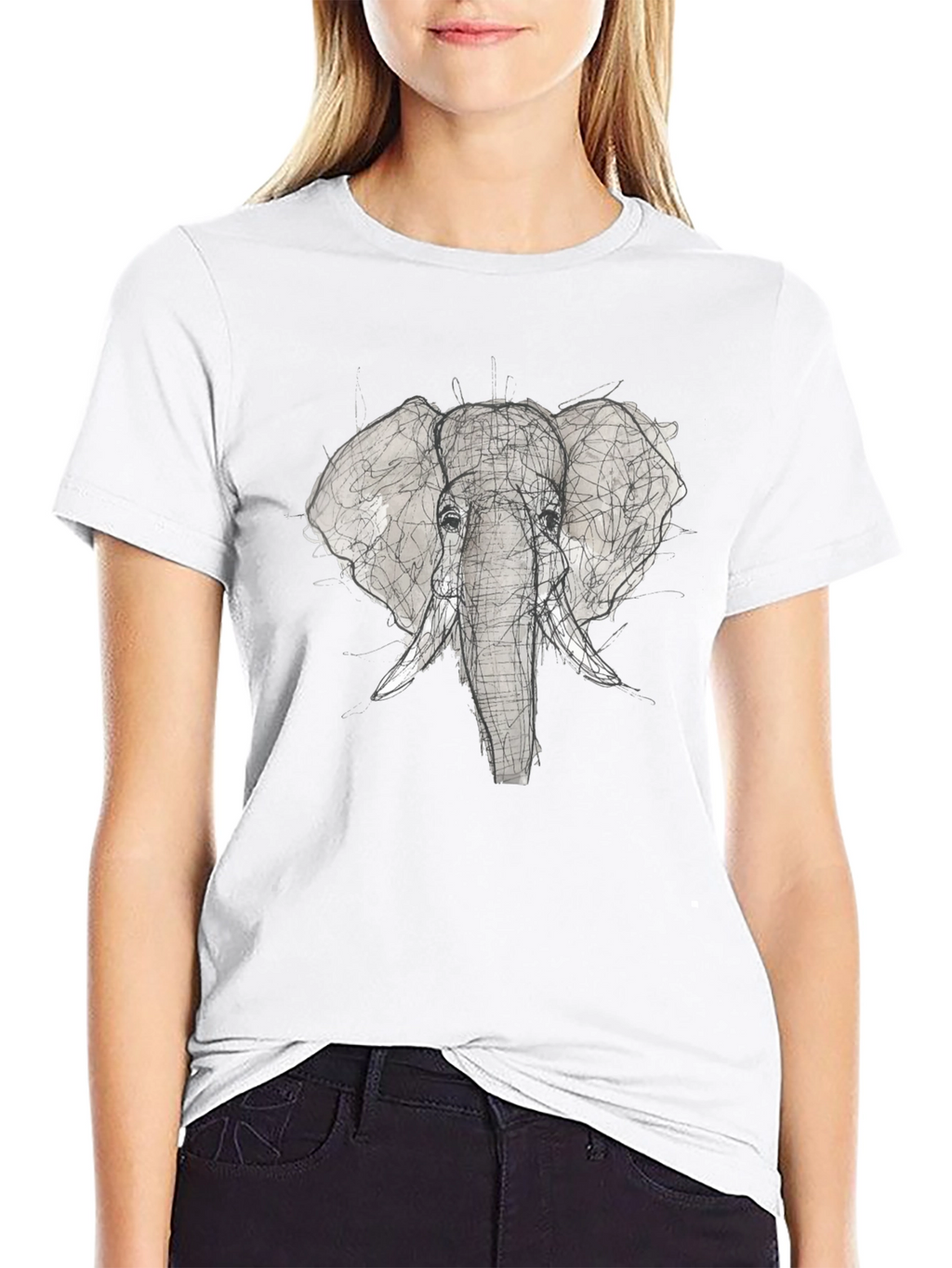 Elephant Sketch Graphic Tee - Black Cotton T-Shirt