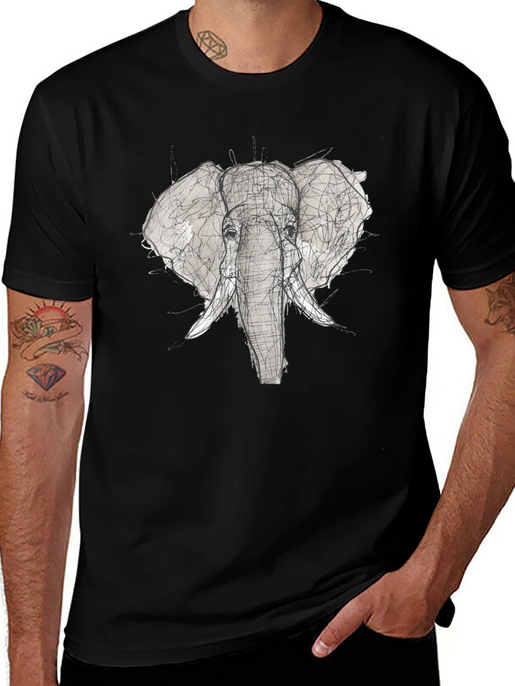 Elephant Sketch Graphic Tee - Black Cotton T-Shirt