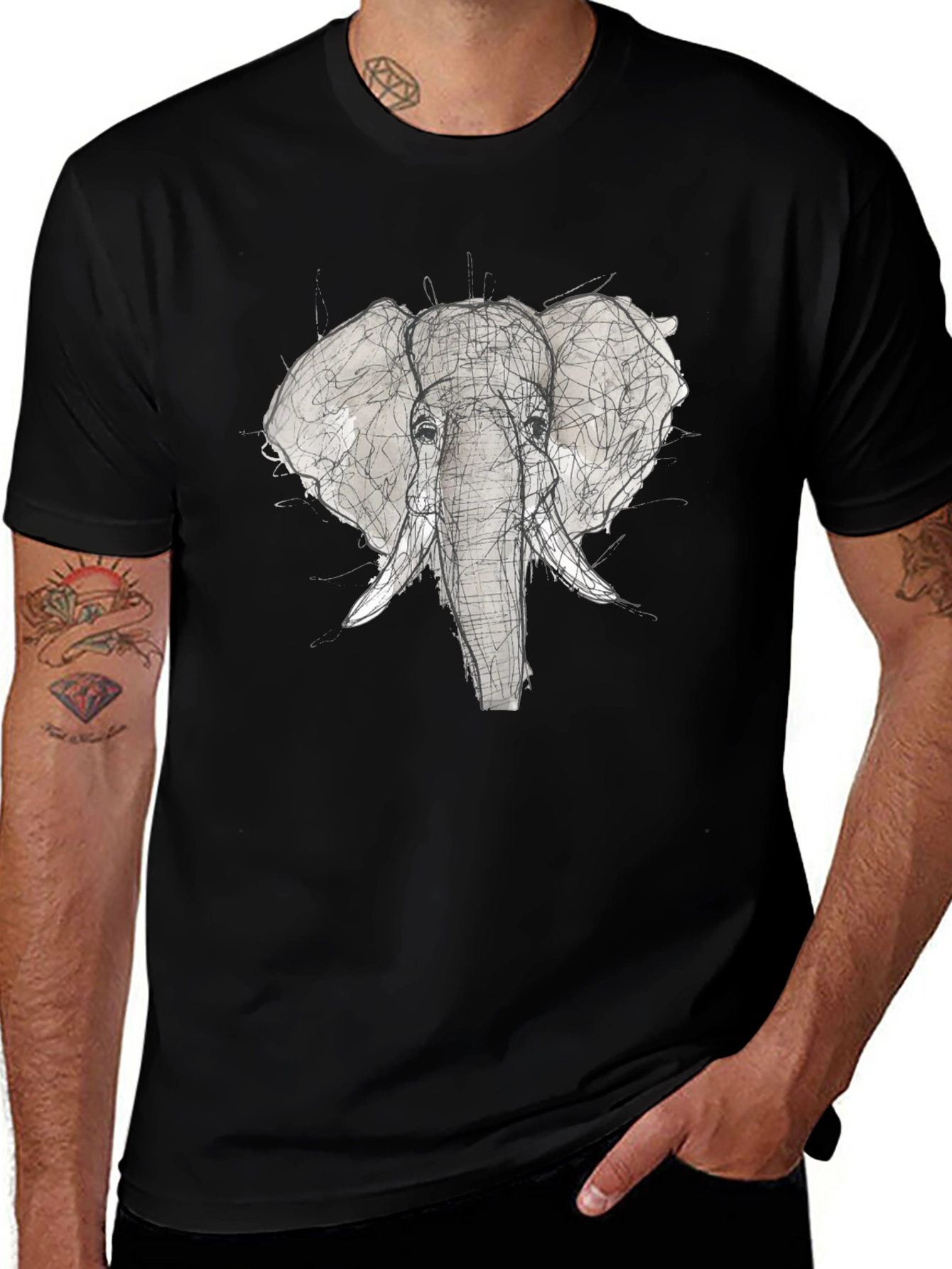 Elephant Sketch Graphic Tee - Black Cotton T-Shirt