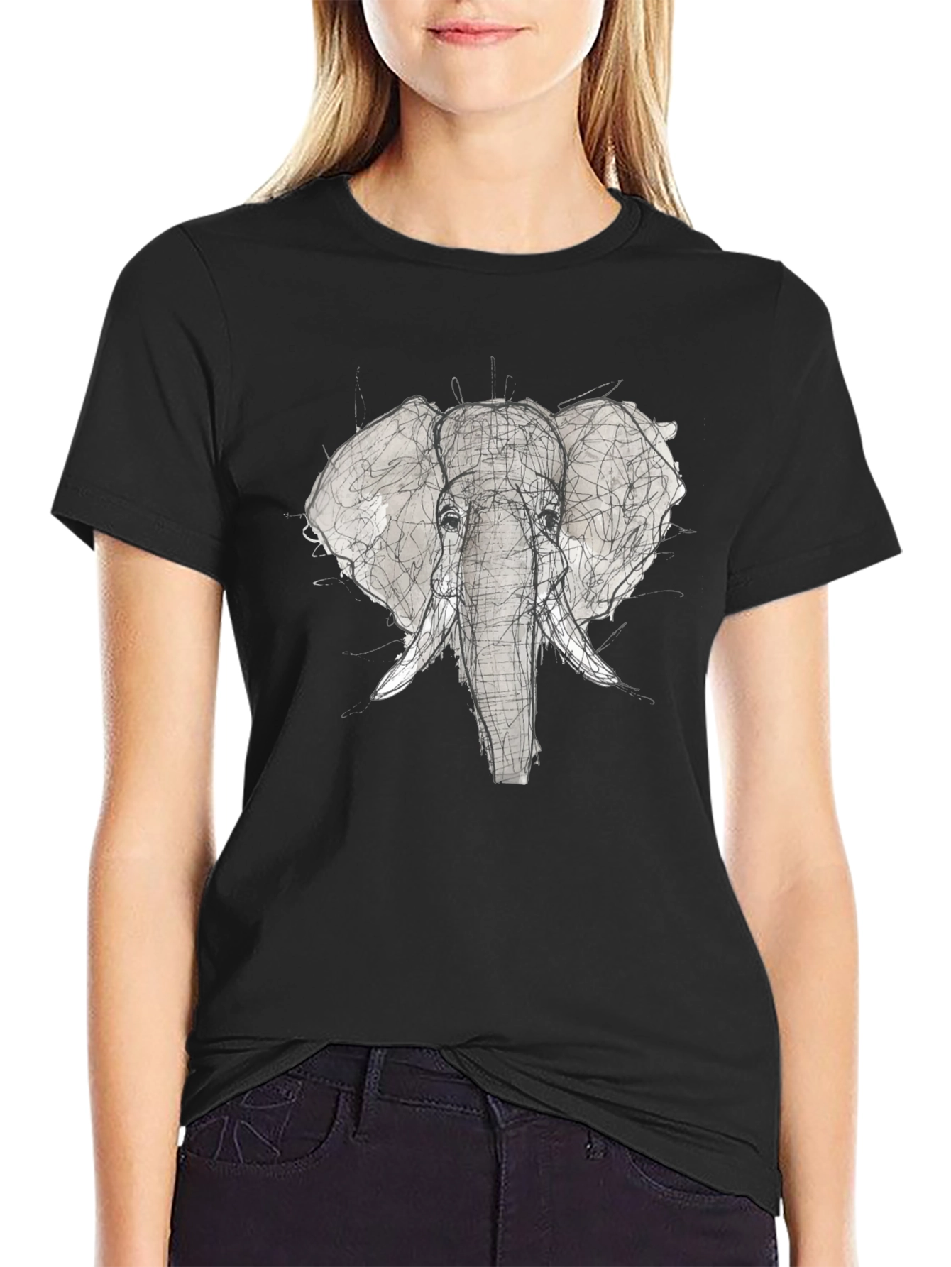 Elephant Sketch Graphic Tee - Black Cotton T-Shirt