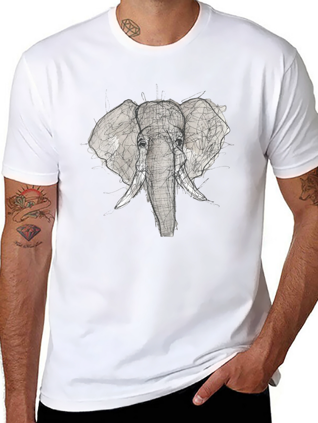 Elephant Sketch Graphic Tee - Black Cotton T-Shirt