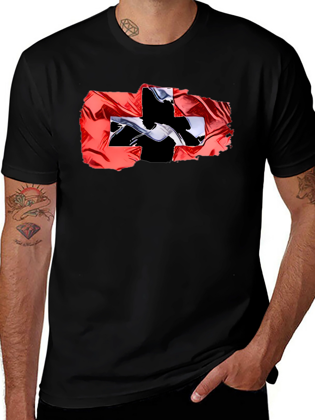 Black Tee with Swiss Flag Design