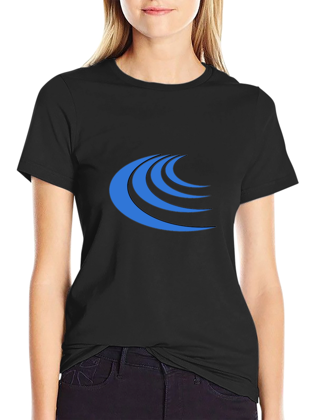 Modern Blue Wave Graphic Black T-Shirt
