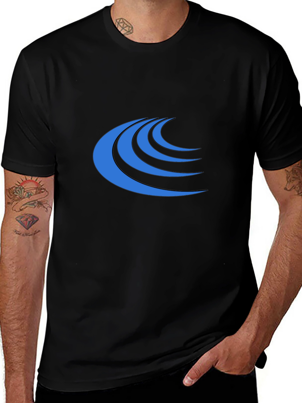 Modern Blue Wave Graphic Black T-Shirt