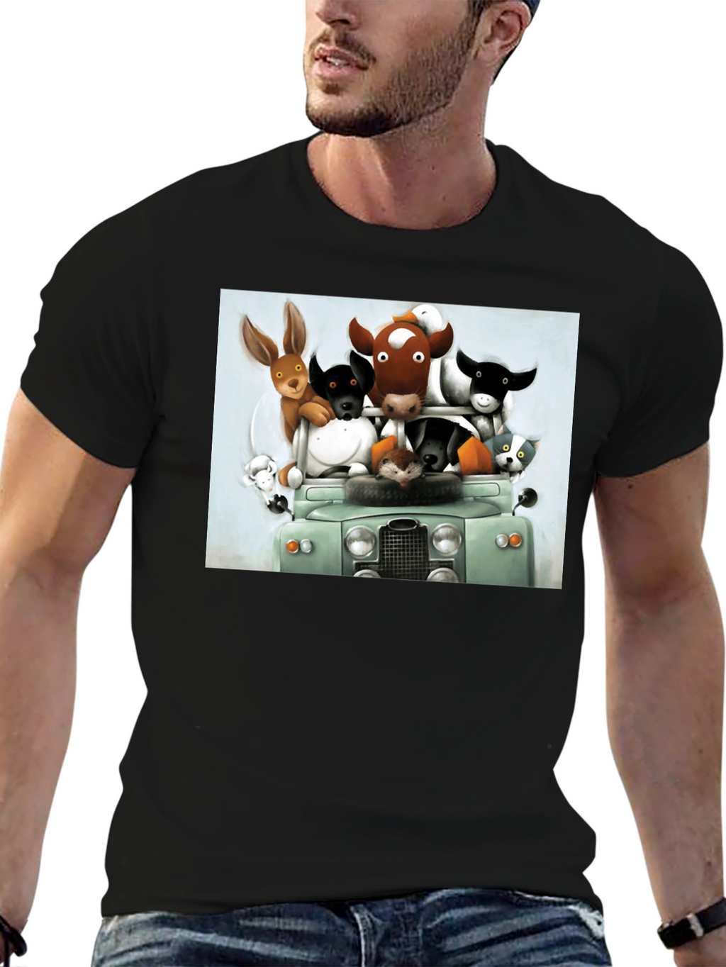 Cartoon Animal Car Ride Black T-Shirt