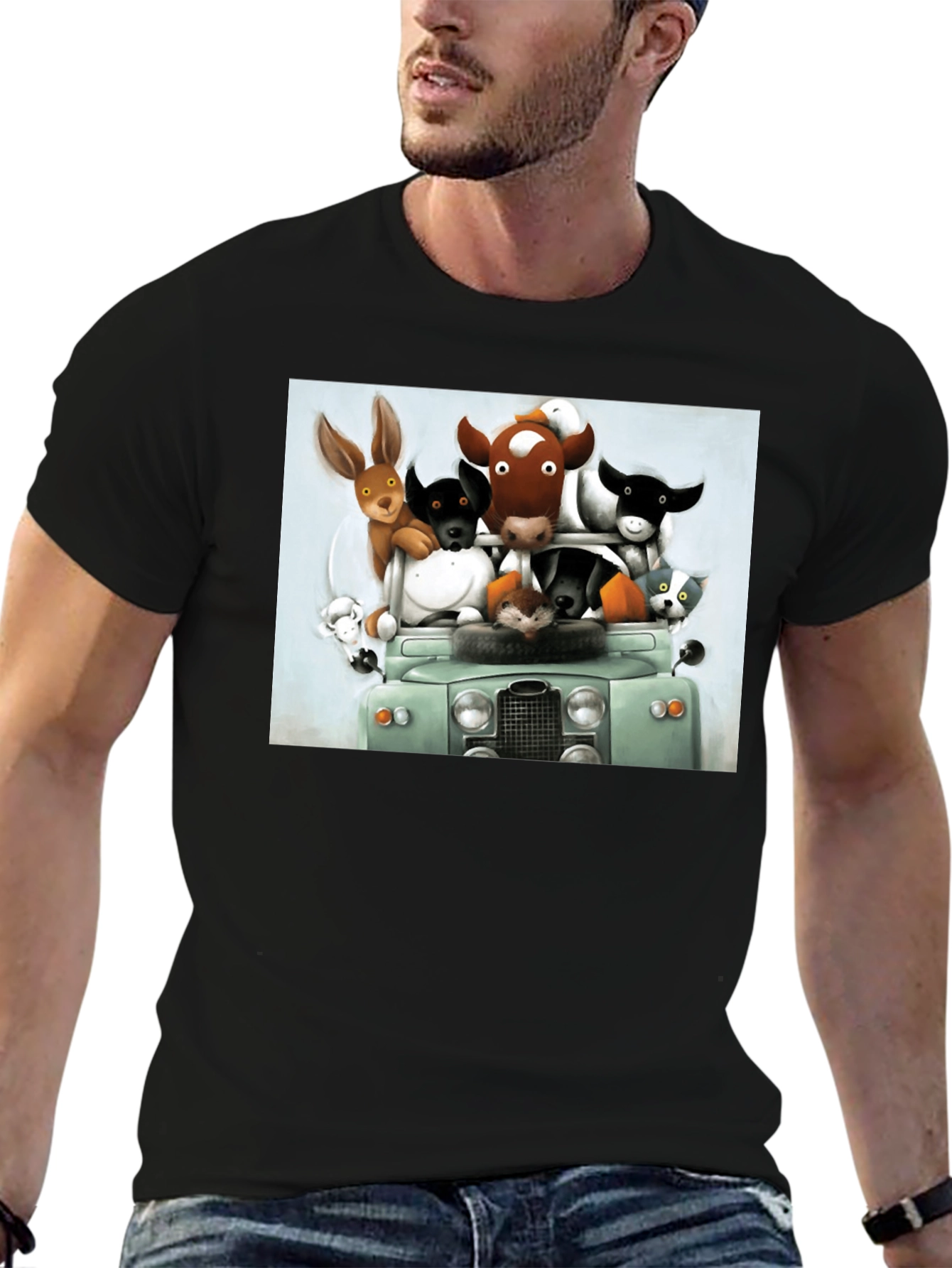 Cartoon Animal Car Ride Black T-Shirt