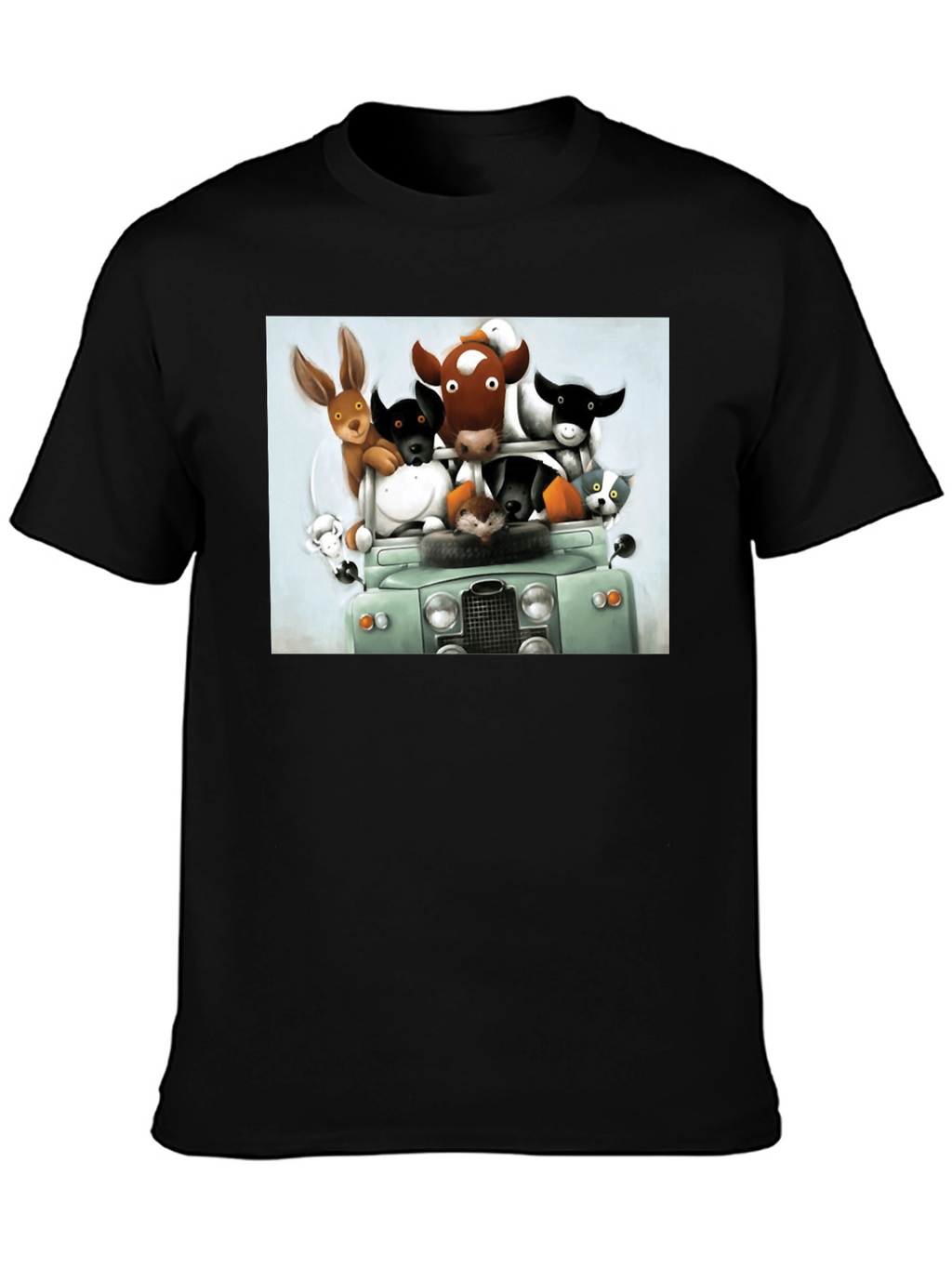 Cartoon Animal Car Ride Black T-Shirt