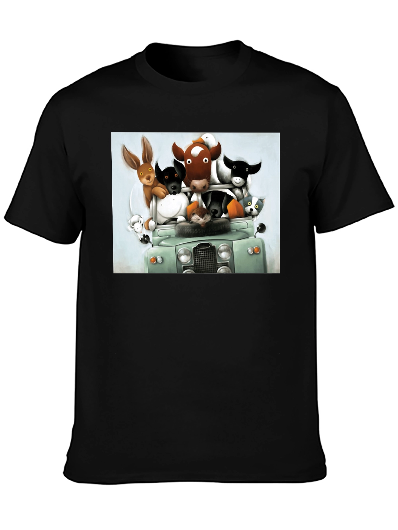 Cartoon Animal Car Ride Black T-Shirt