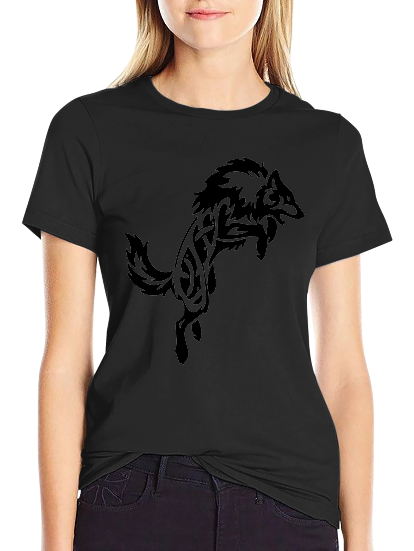 Mens Black T-Shirt with Tribal Wolf Design