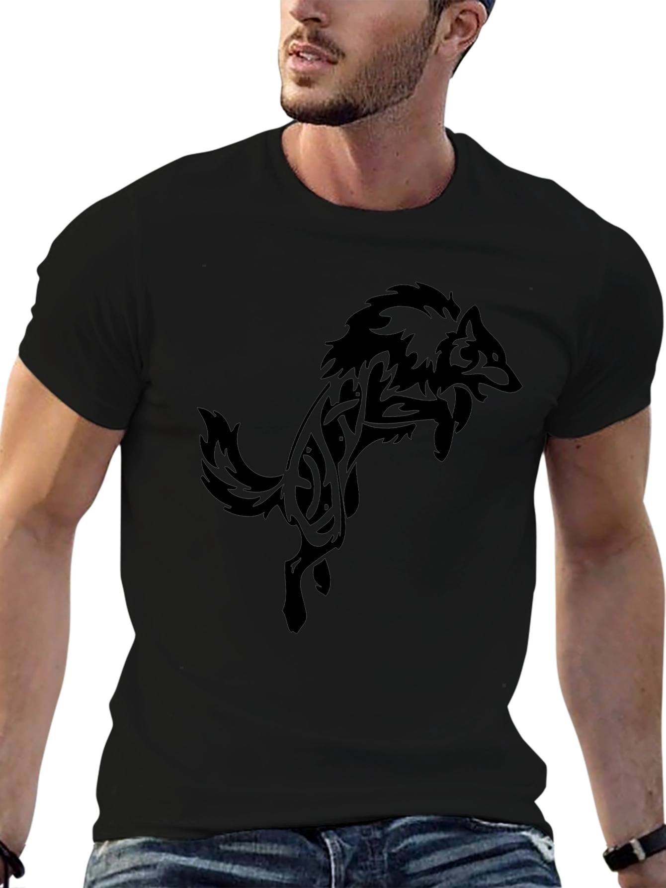 Mens Black T-Shirt with Tribal Wolf Design