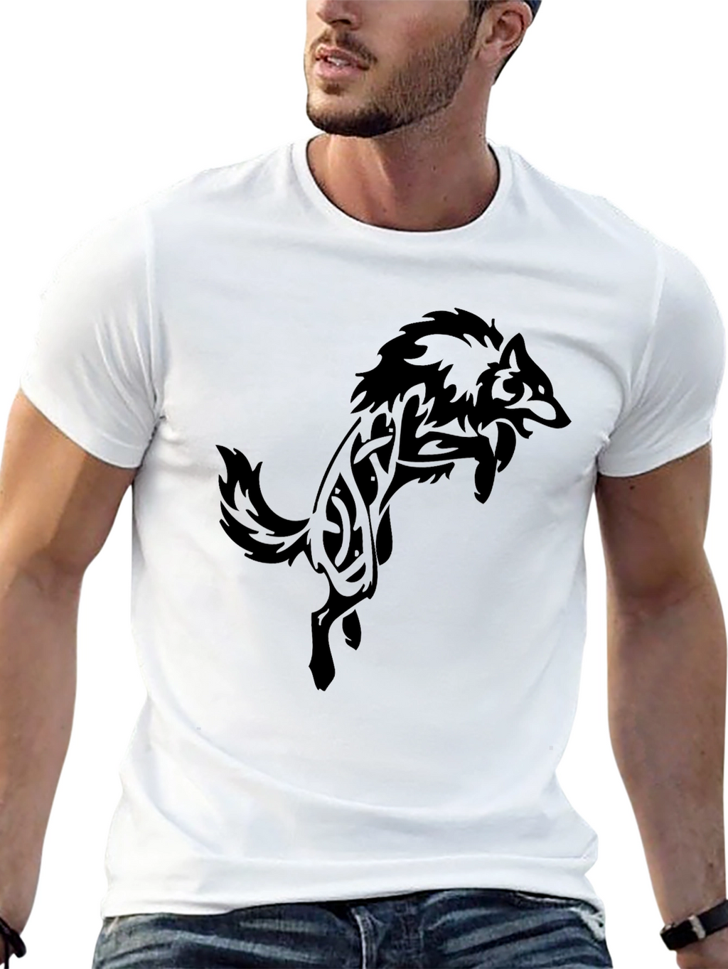 Mens Black T-Shirt with Tribal Wolf Design