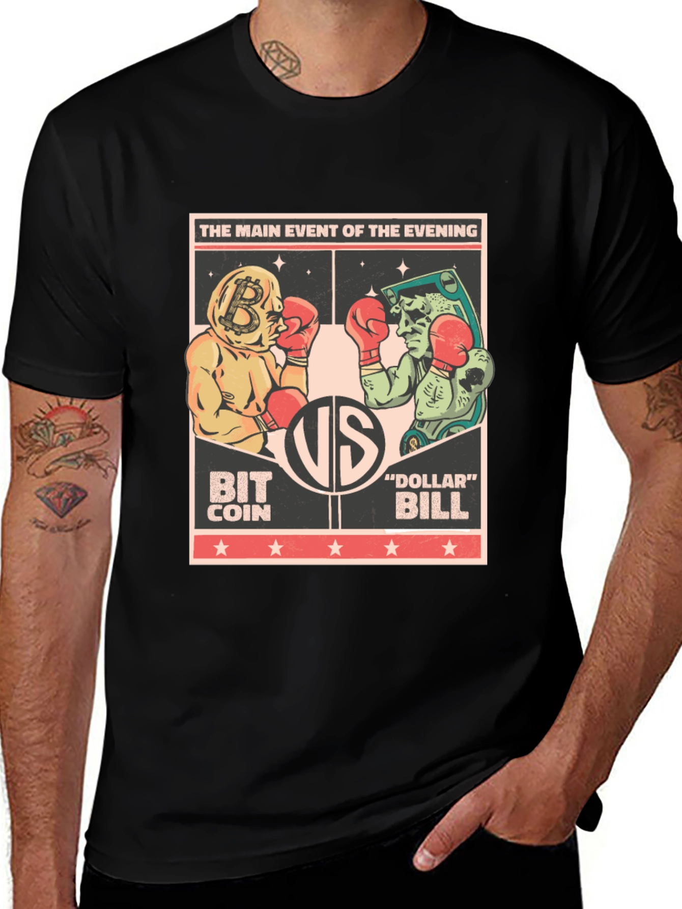 Bitcoin vs Dollar Bill Boxing Match Black T-Shirt