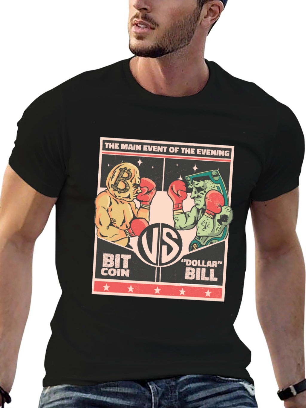 Bitcoin vs Dollar Bill Boxing Match Black T-Shirt