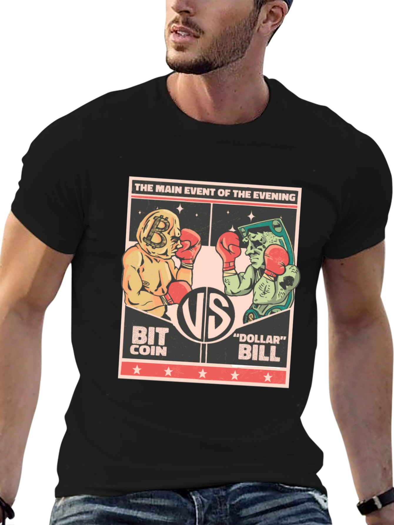 Bitcoin vs Dollar Bill Boxing Match Black T-Shirt