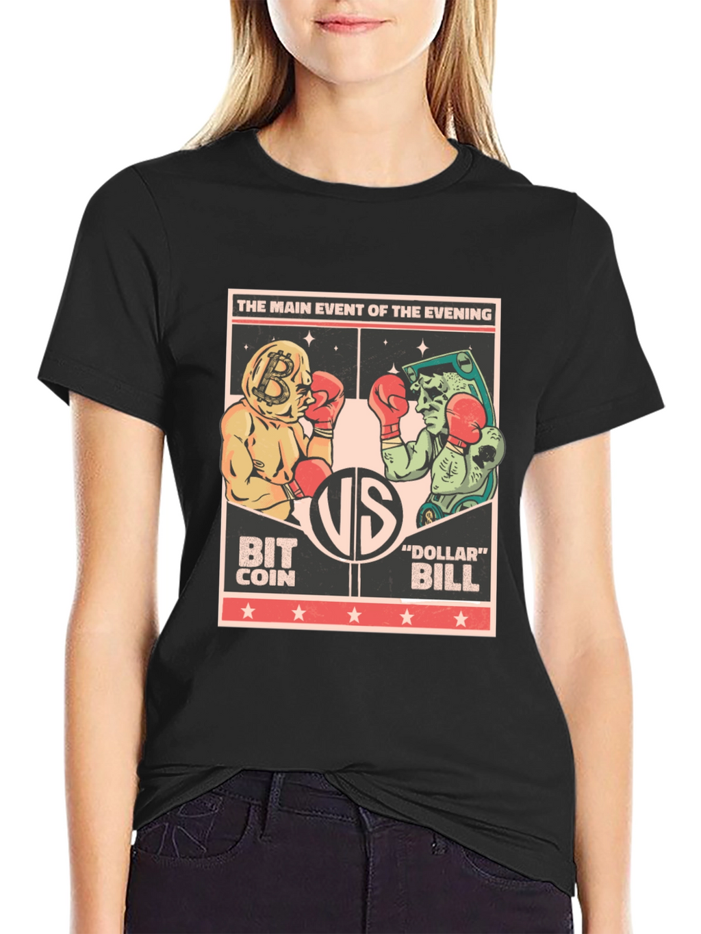 Bitcoin vs Dollar Bill Boxing Match Black T-Shirt