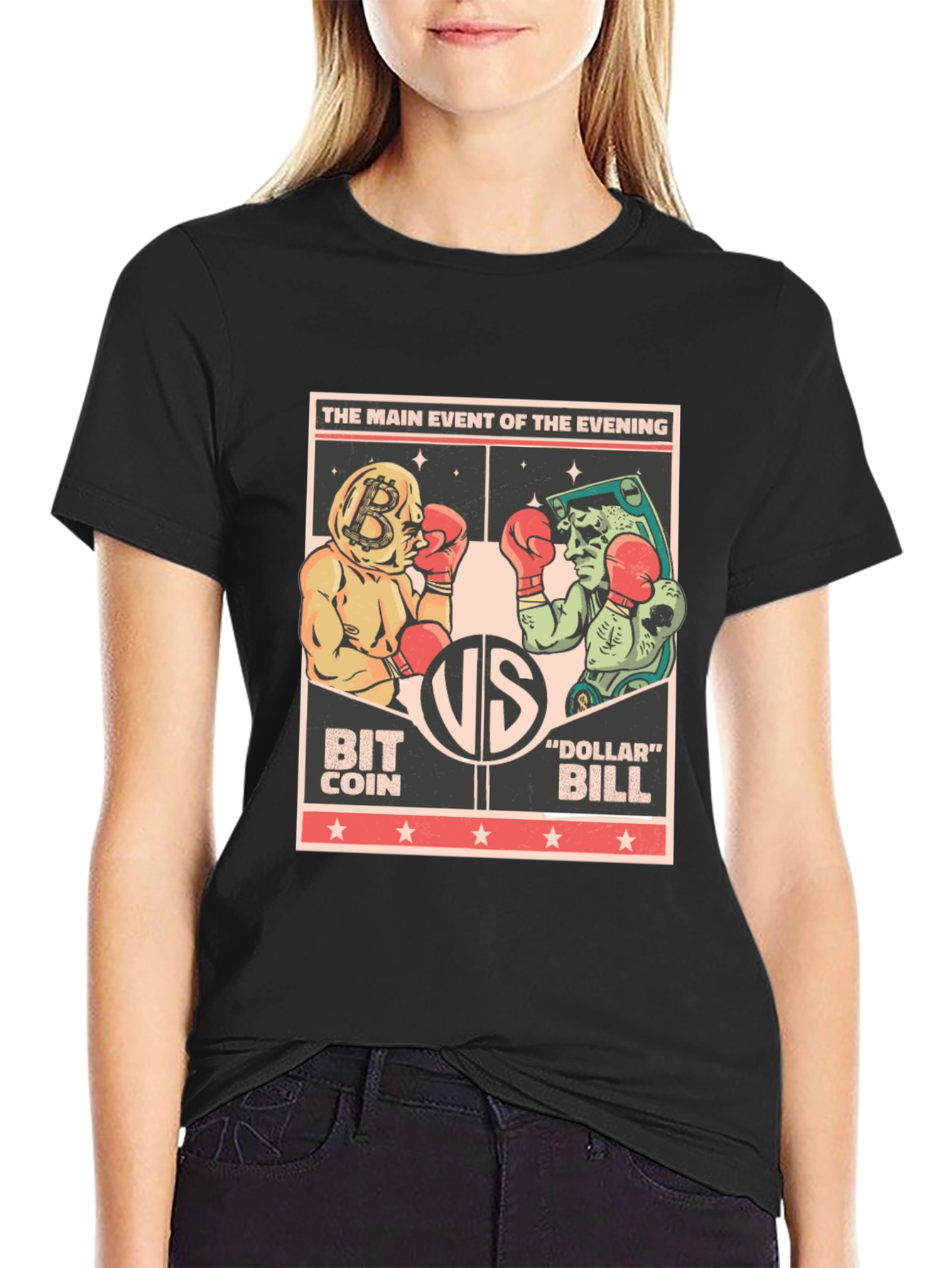 Bitcoin vs Dollar Bill Boxing Match Black T-Shirt