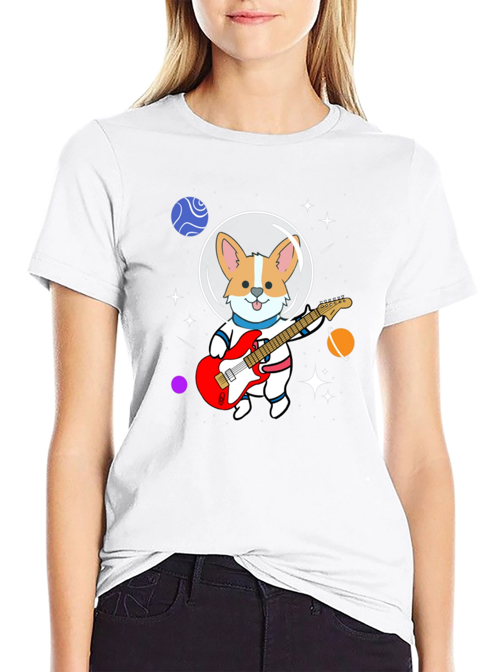 Astronaut Corgi Guitarist Graphic T-Shirt