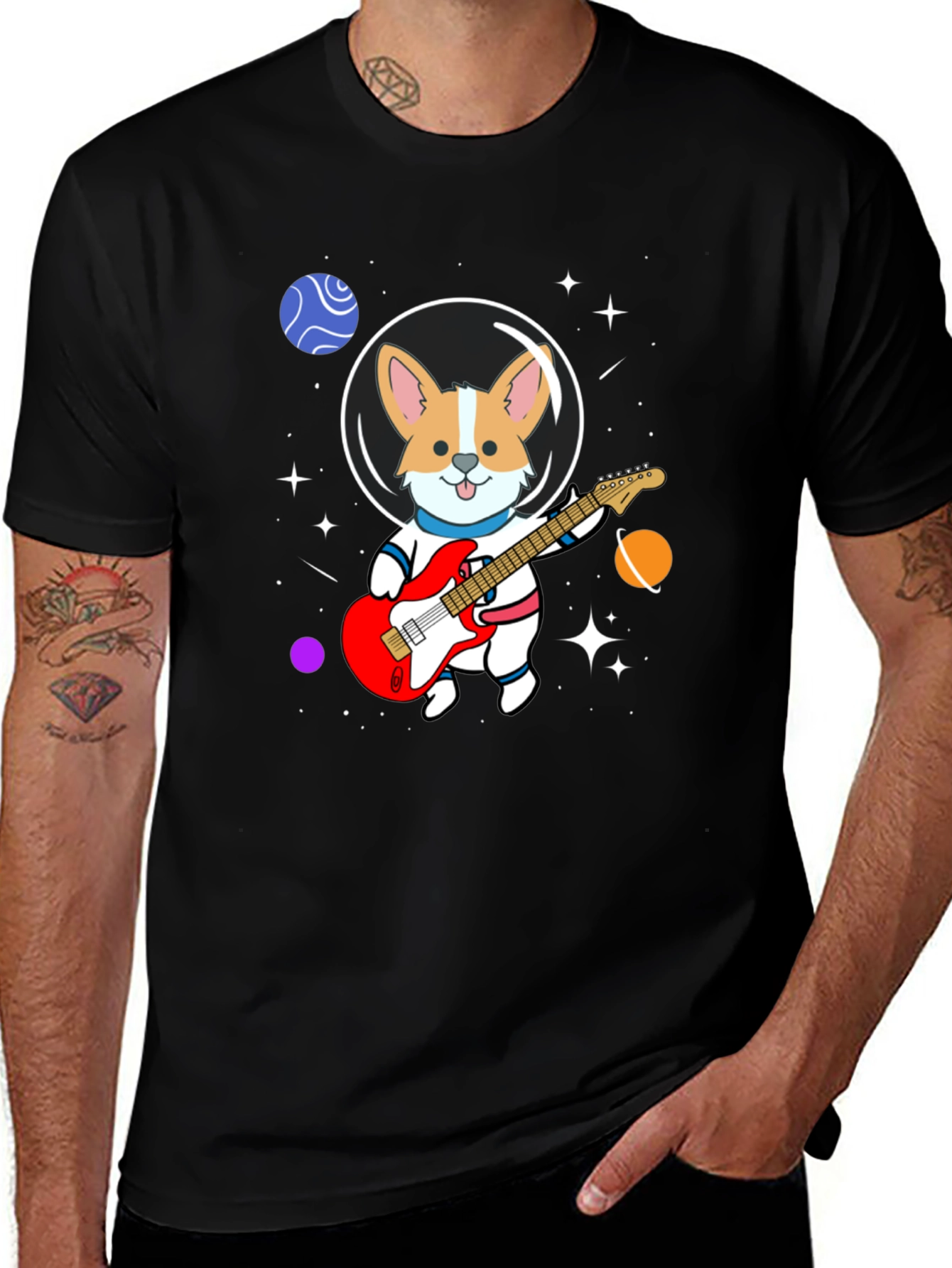 Astronaut Corgi Guitarist Graphic T-Shirt