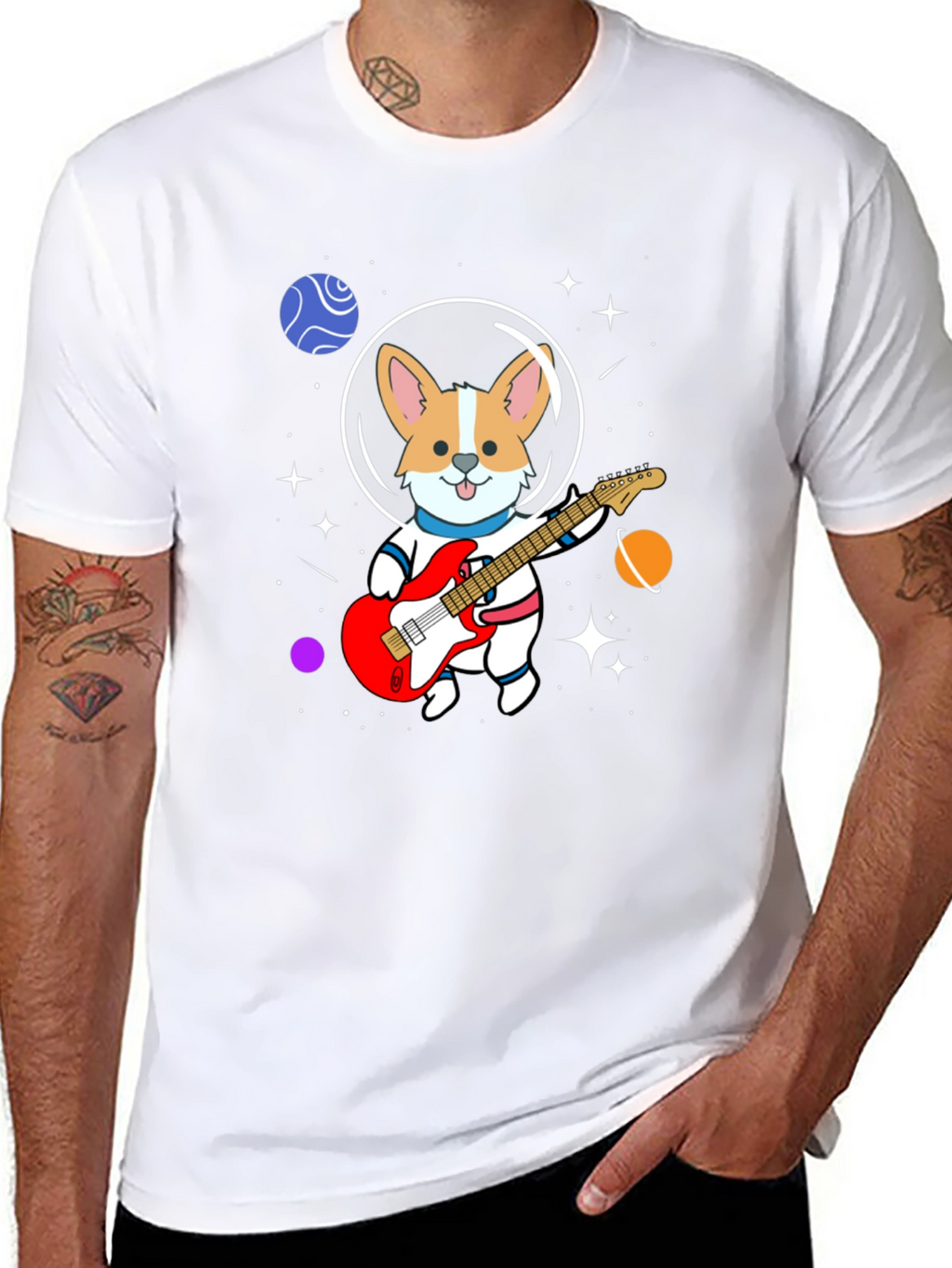 Astronaut Corgi Guitarist Graphic T-Shirt