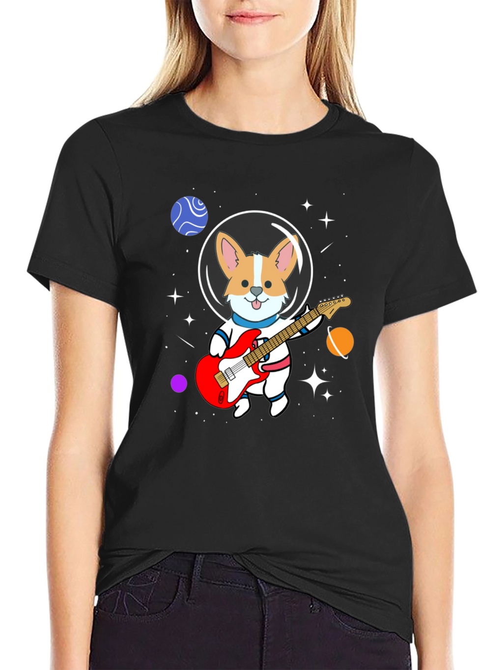 Astronaut Corgi Guitarist Graphic T-Shirt