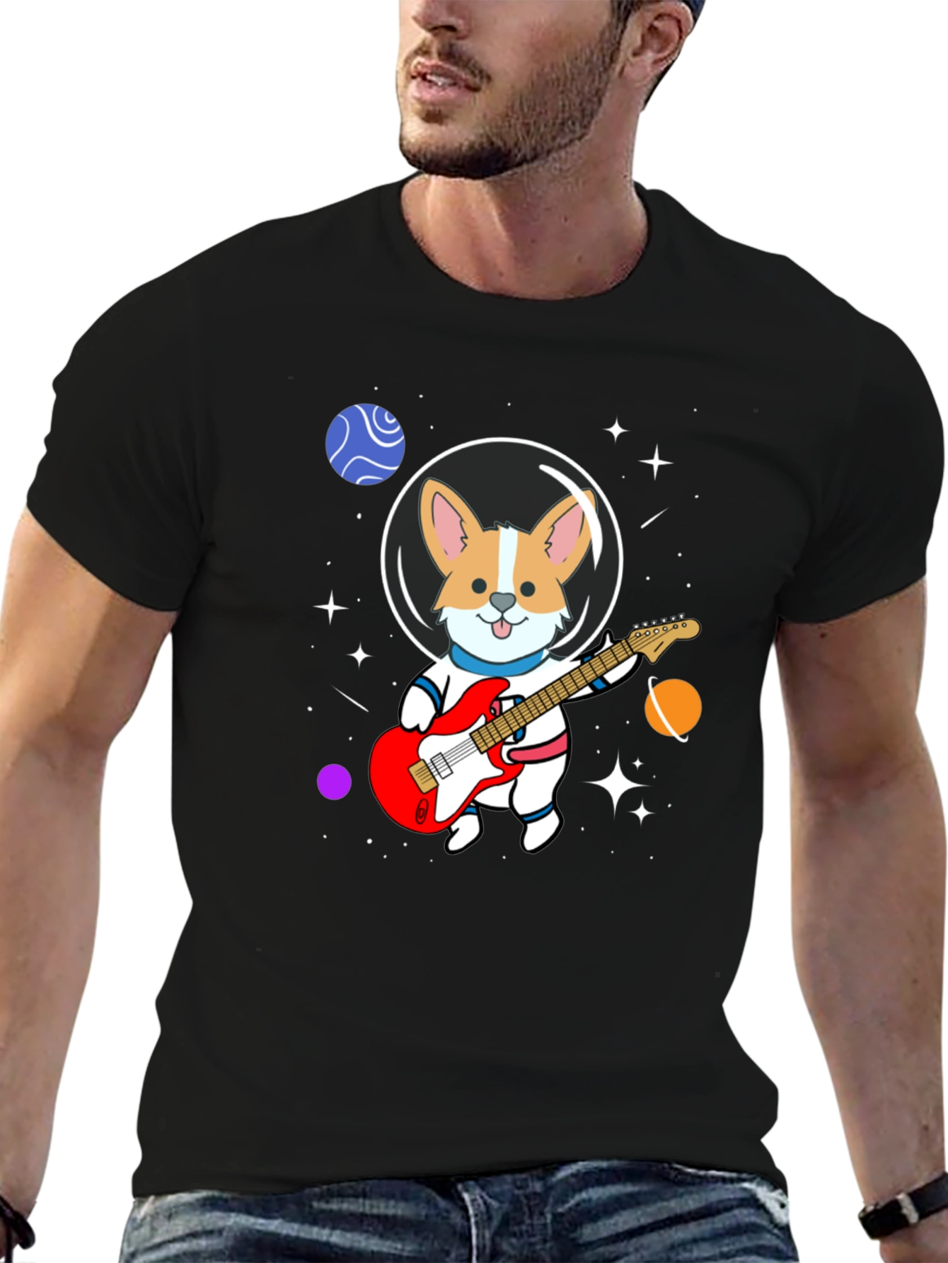 Astronaut Corgi Guitarist Graphic T-Shirt