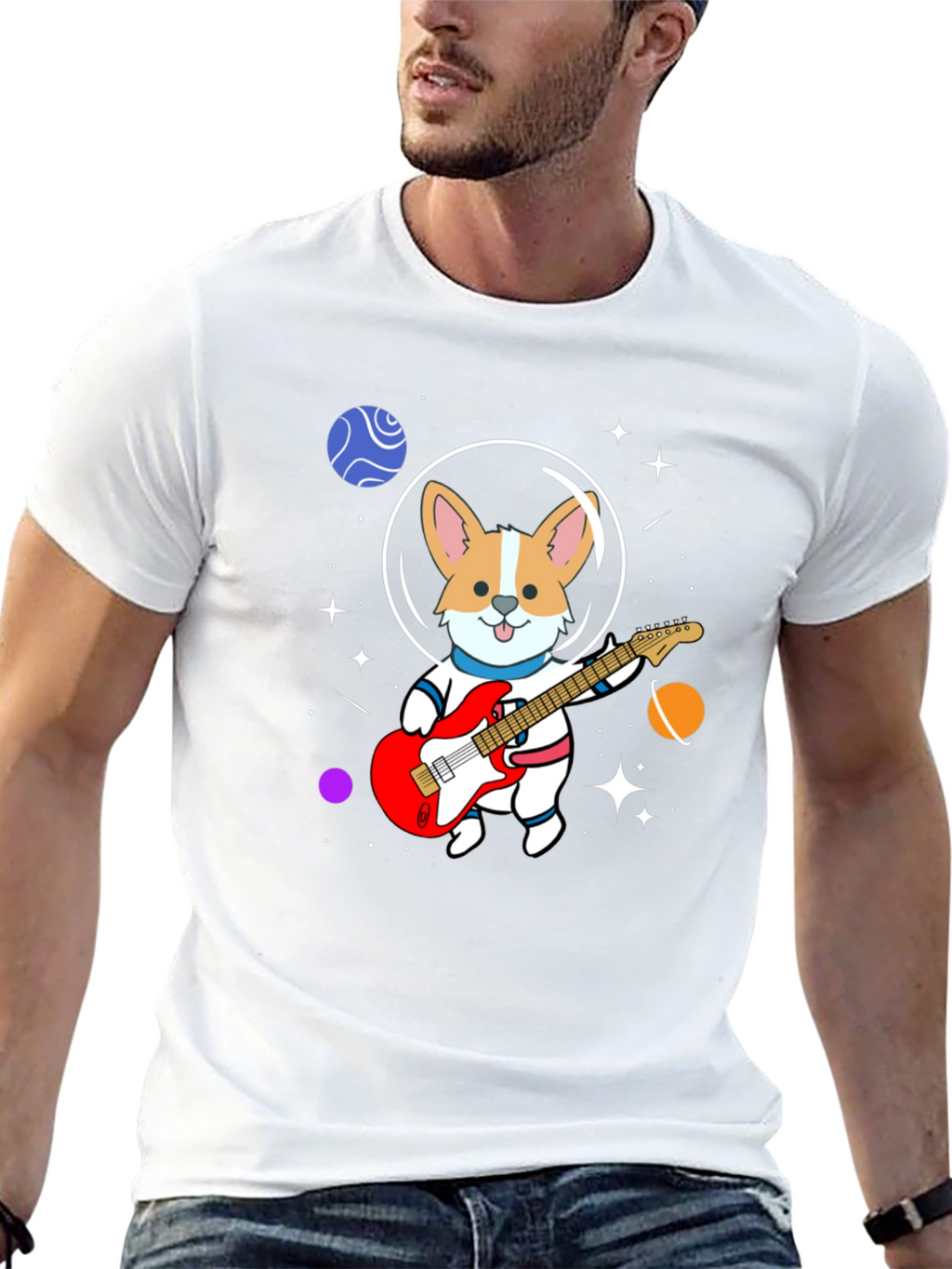 Astronaut Corgi Guitarist Graphic T-Shirt
