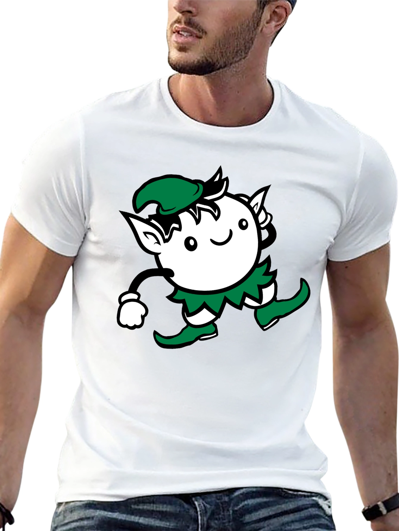 Whimsical Elf Graphic Tee - Black Cotton Blend