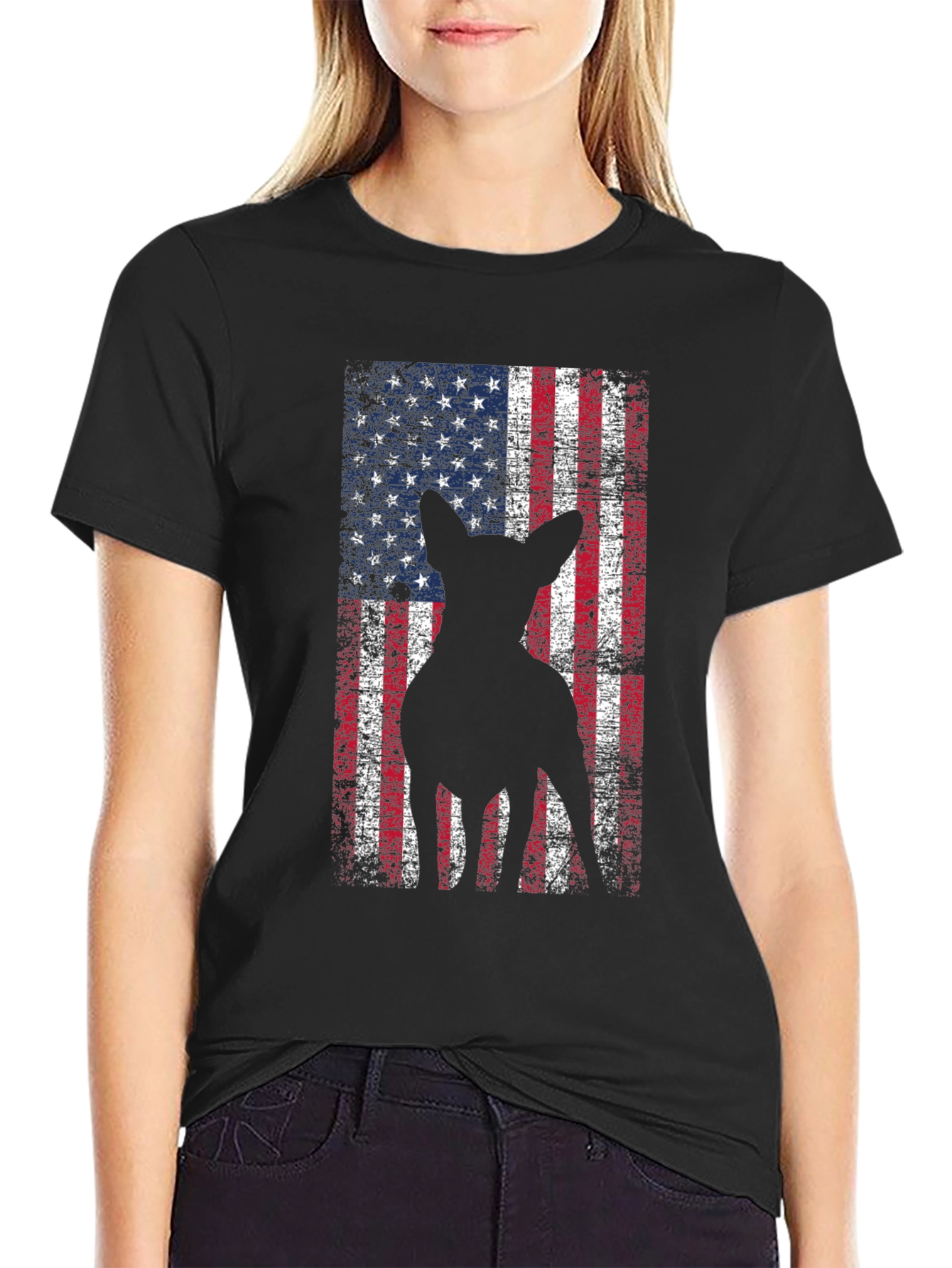 Patriotic Dog Graphic Tee - American Flag Design