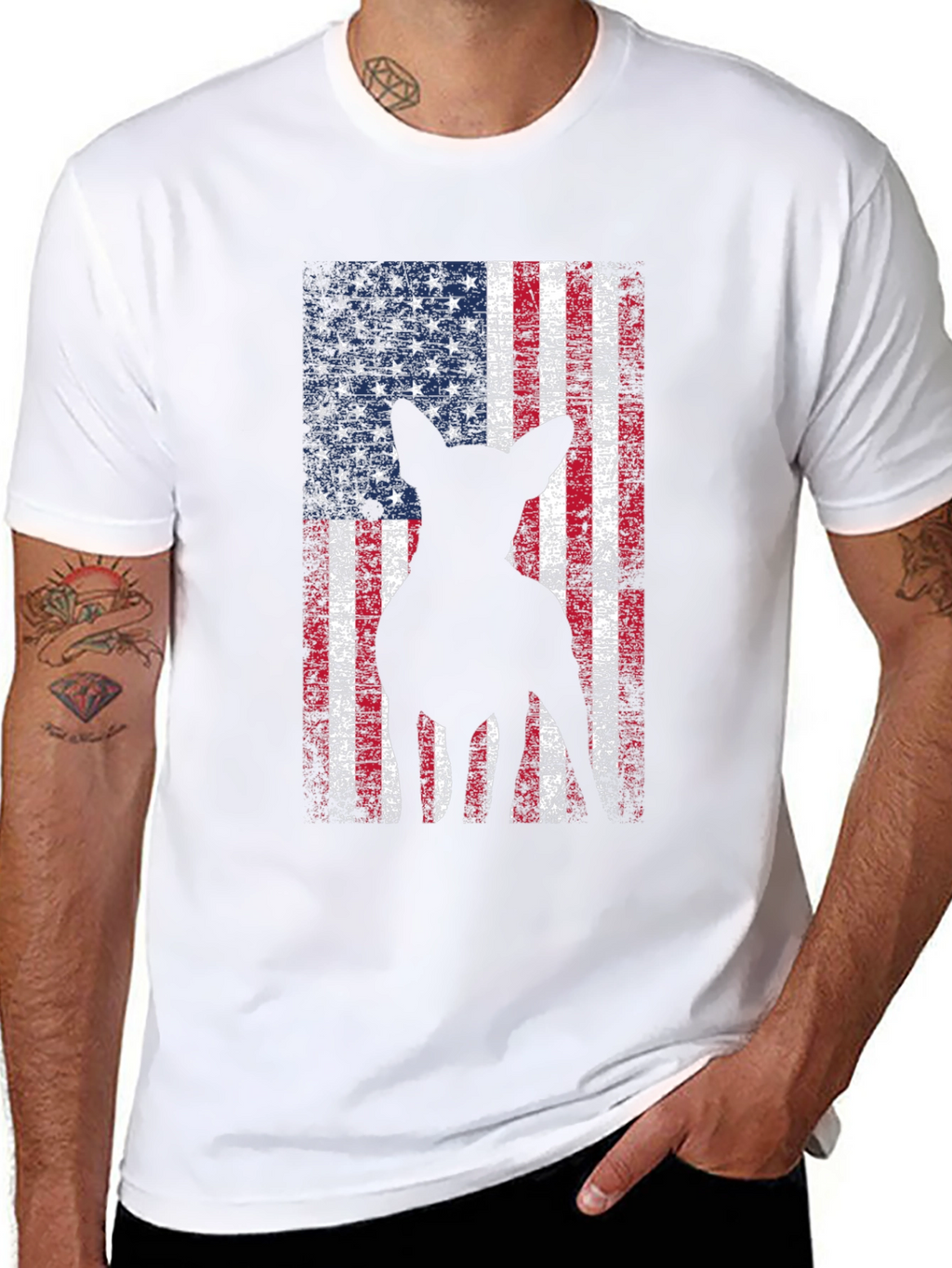 Patriotic Dog Graphic Tee - American Flag Design