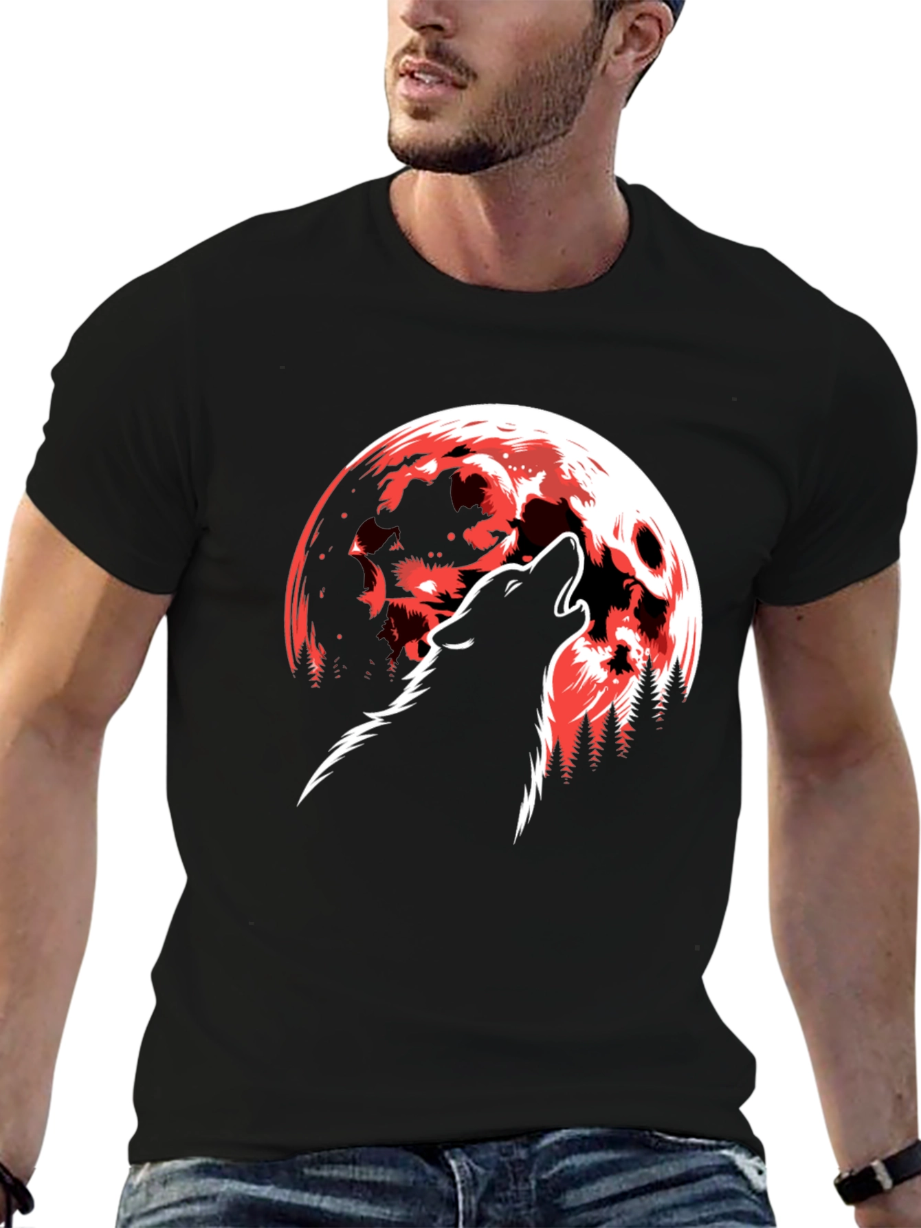 Wolf Howling at Red Moon Graphic T-Shirt - Black
