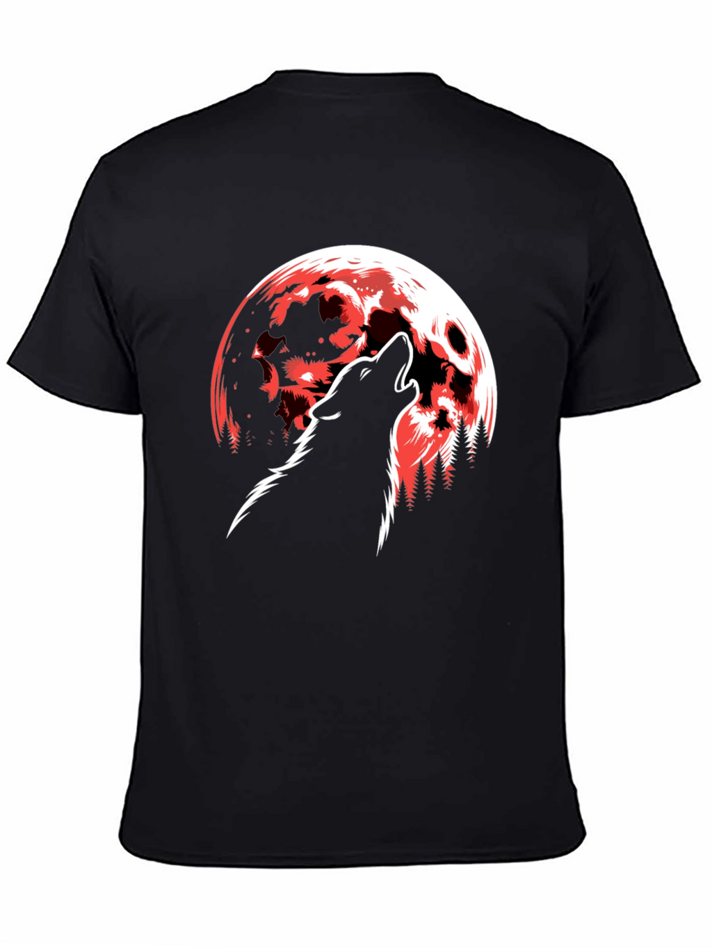 Wolf Howling at Red Moon Graphic T-Shirt - Black
